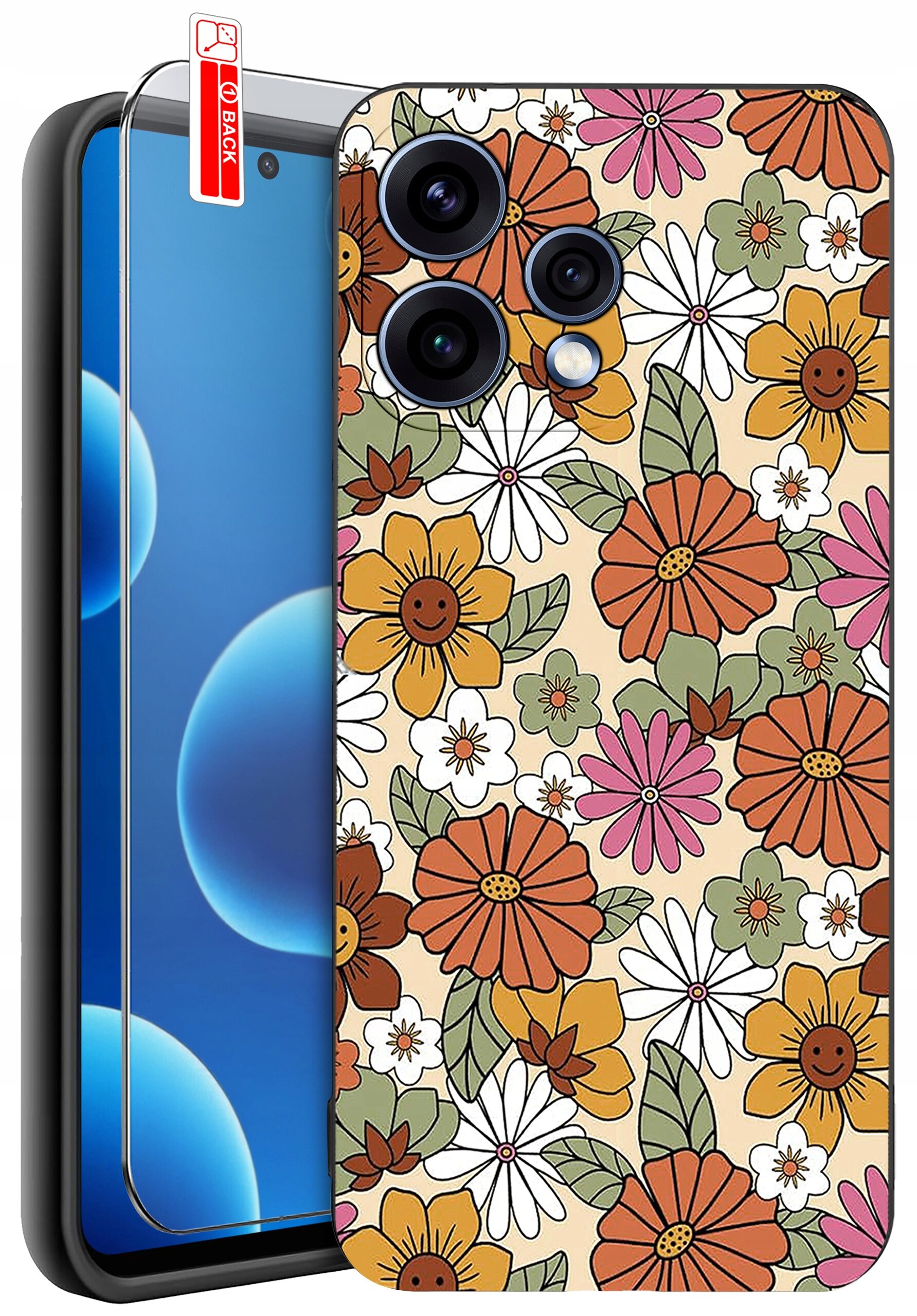 Etui na telefon z kolorowym wzorem kwiatów w odcieniach pomarańczowego, różowego i białego. Obok etui znajduje się szkło ochronne z napisem \'BACK\'.