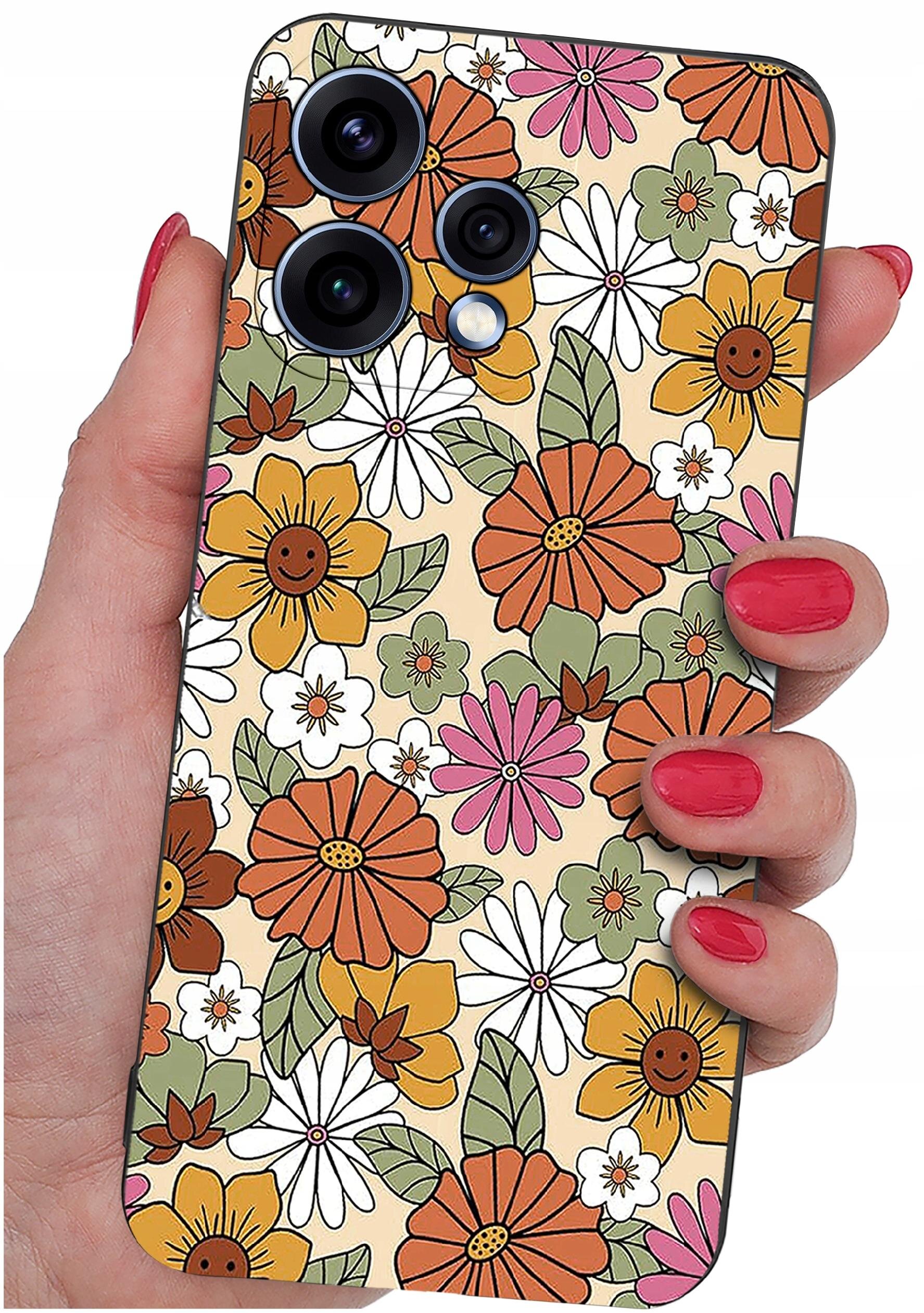 Etui na telefon z kolorowym wzorem kwiatów w odcieniach pomarańczowego, różowego, białego i zielonego. Trzymane jest w dłoni z pomalowanymi na czerwono paznokciami.