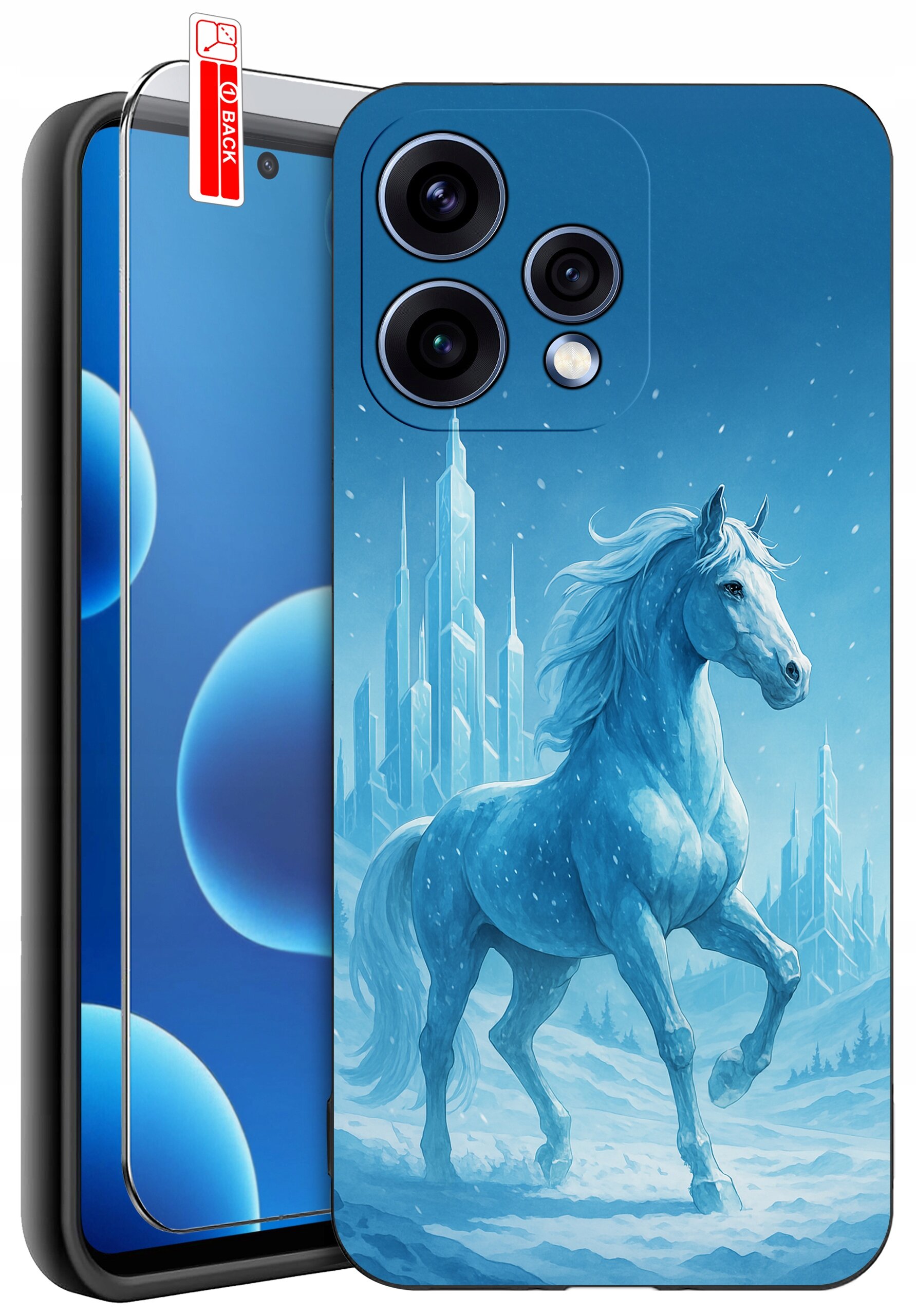 Etui na telefon z niebieskim wzorem przedstawiającym konia na tle lodowego krajobrazu. Obok etui znajduje się szkło ochronne z napisem \'BACK\'.