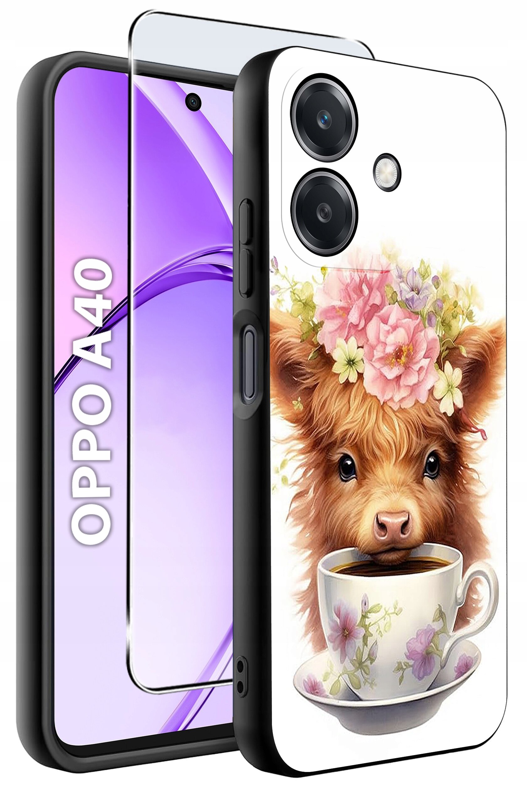 Etui na telefon z grafiką przedstawiającą zwierzę z kwiatami na głowie i filiżanką. Obok widoczny jest napis \'OPPO A40\'.