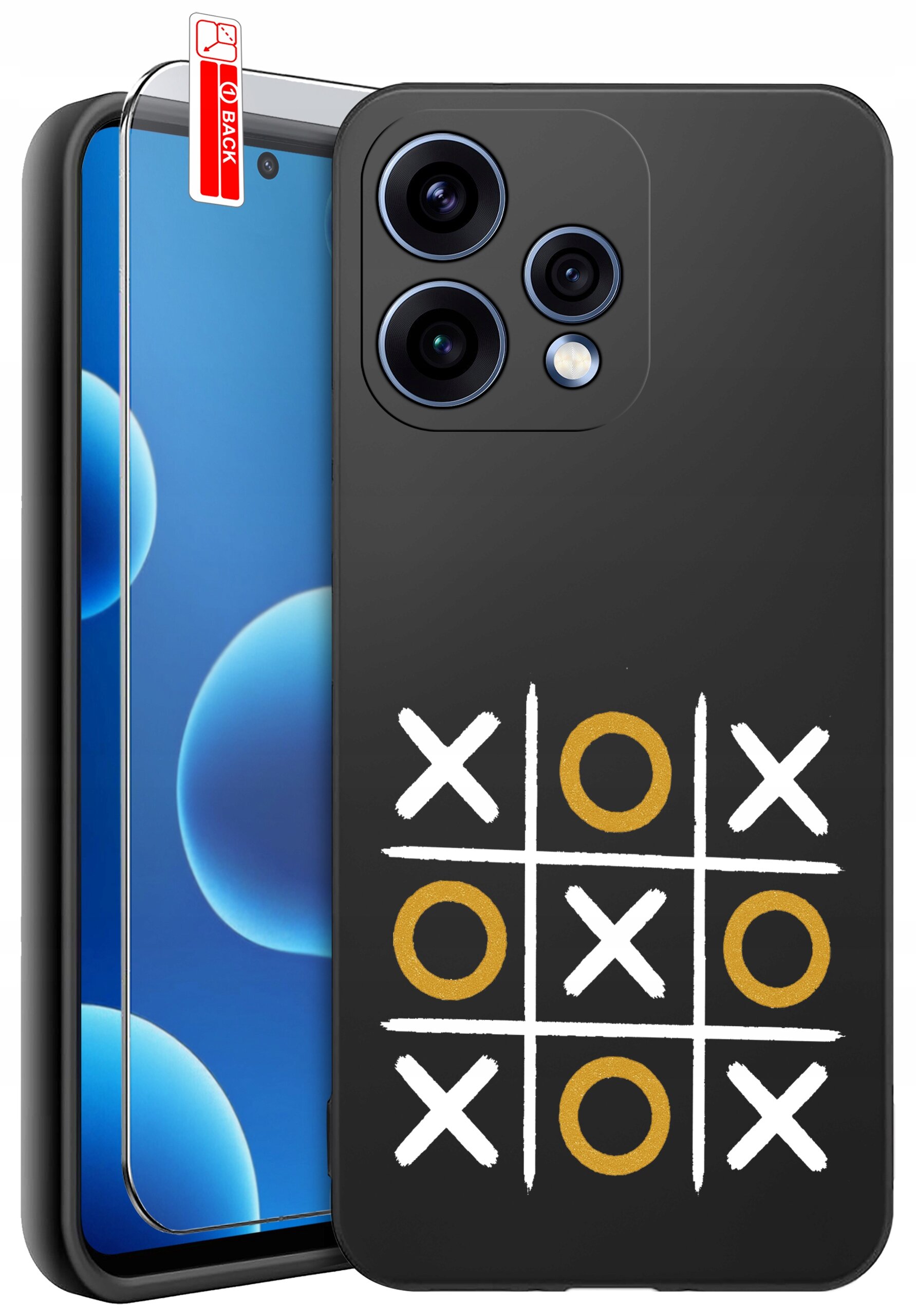 Czarne etui na telefon z wzorem gry w kółko i krzyżyk, gdzie kółka są złote, a krzyżyki białe. Obok etui znajduje się szkło ochronne z czerwoną naklejką \'BACK\'.