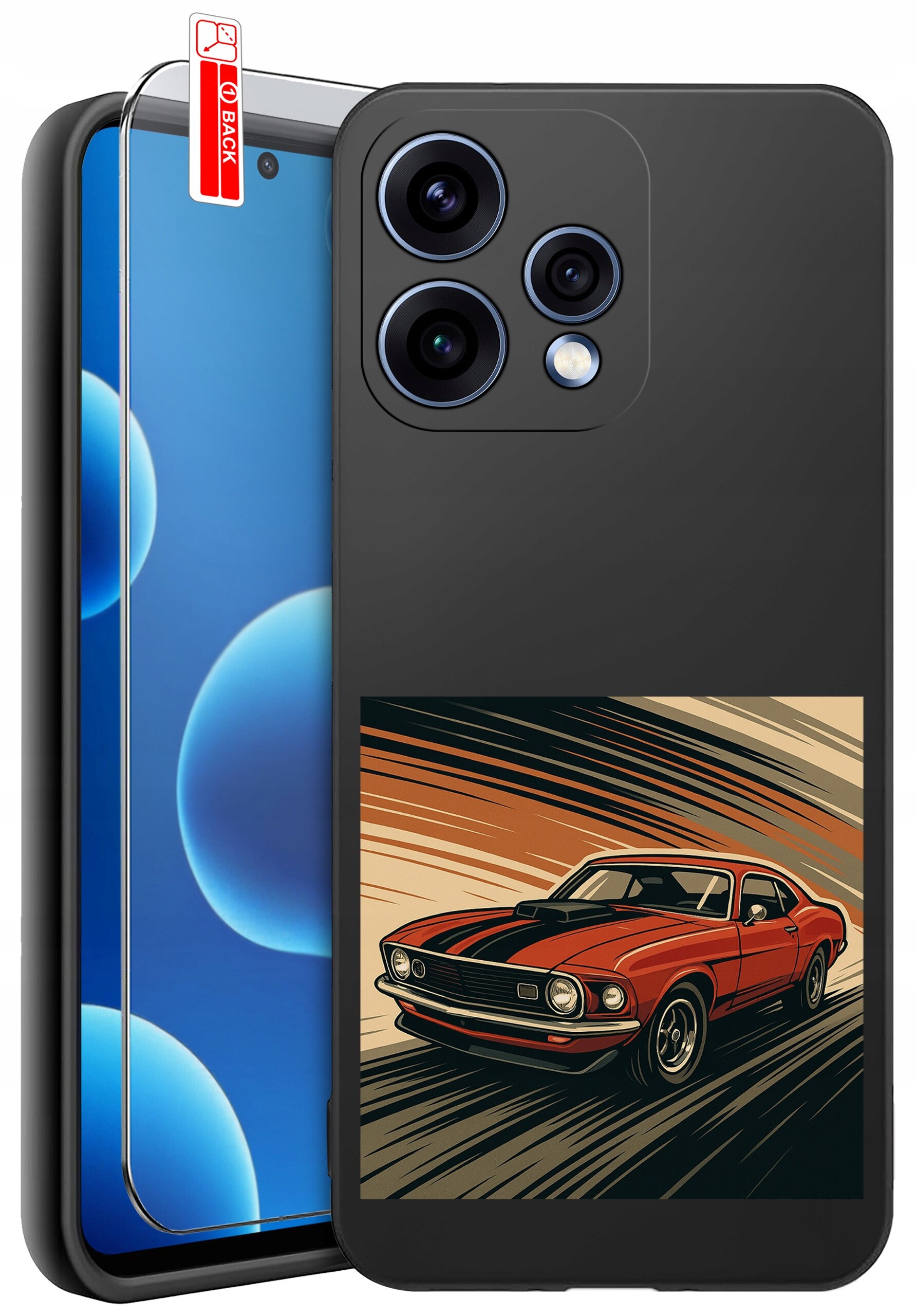 Obraz przedstawia silikonowe etui na telefon z nadrukiem czerwonego samochodu sportowego na tle dynamicznych linii. Obok etui znajduje się szkło ochronne z naklejką \'BACK\'.