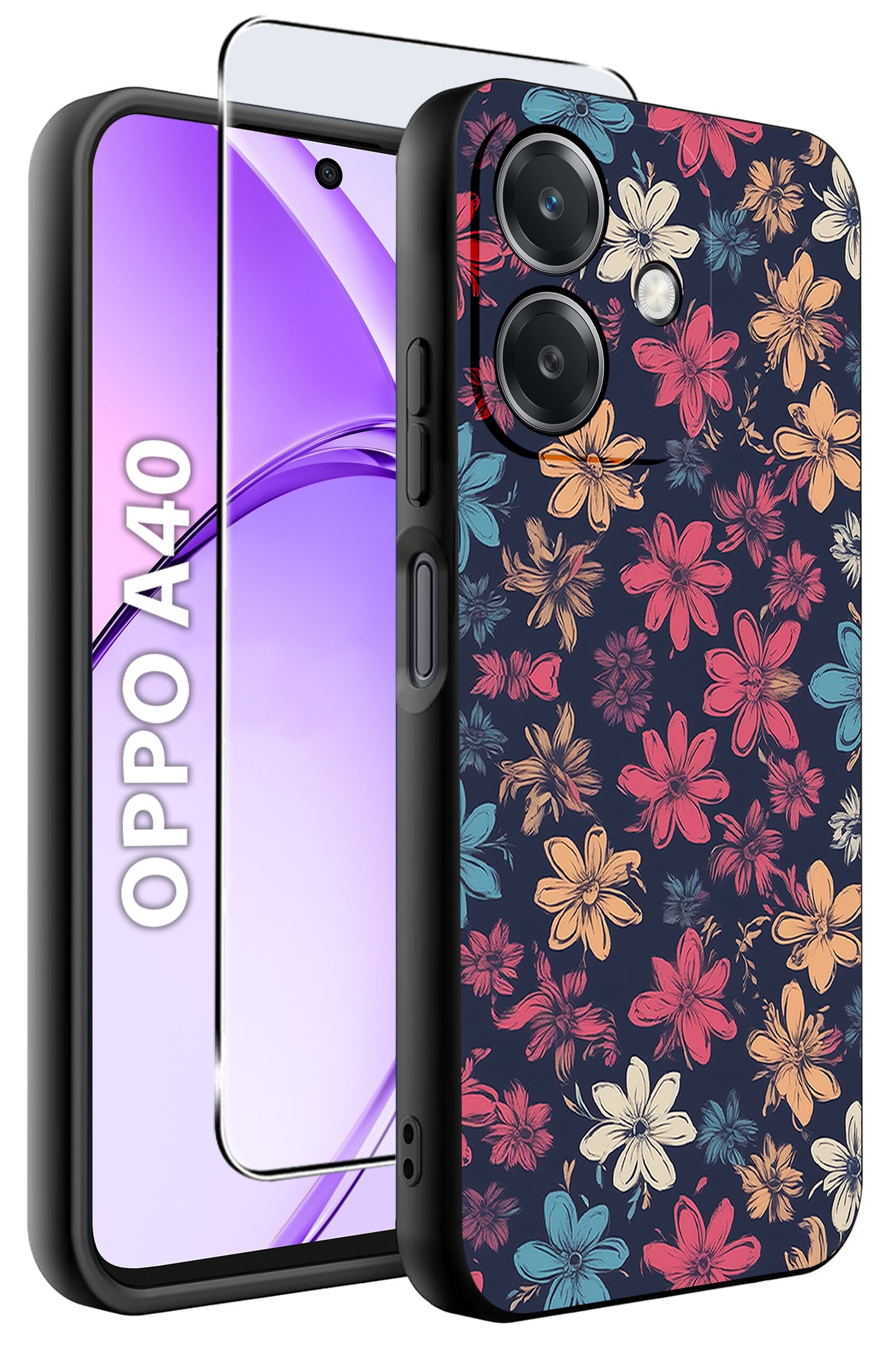 Etui na telefon z kolorowym wzorem kwiatowym oraz szkło ochronne. Obok widoczny jest telefon z napisem \'OPPO A40\'.