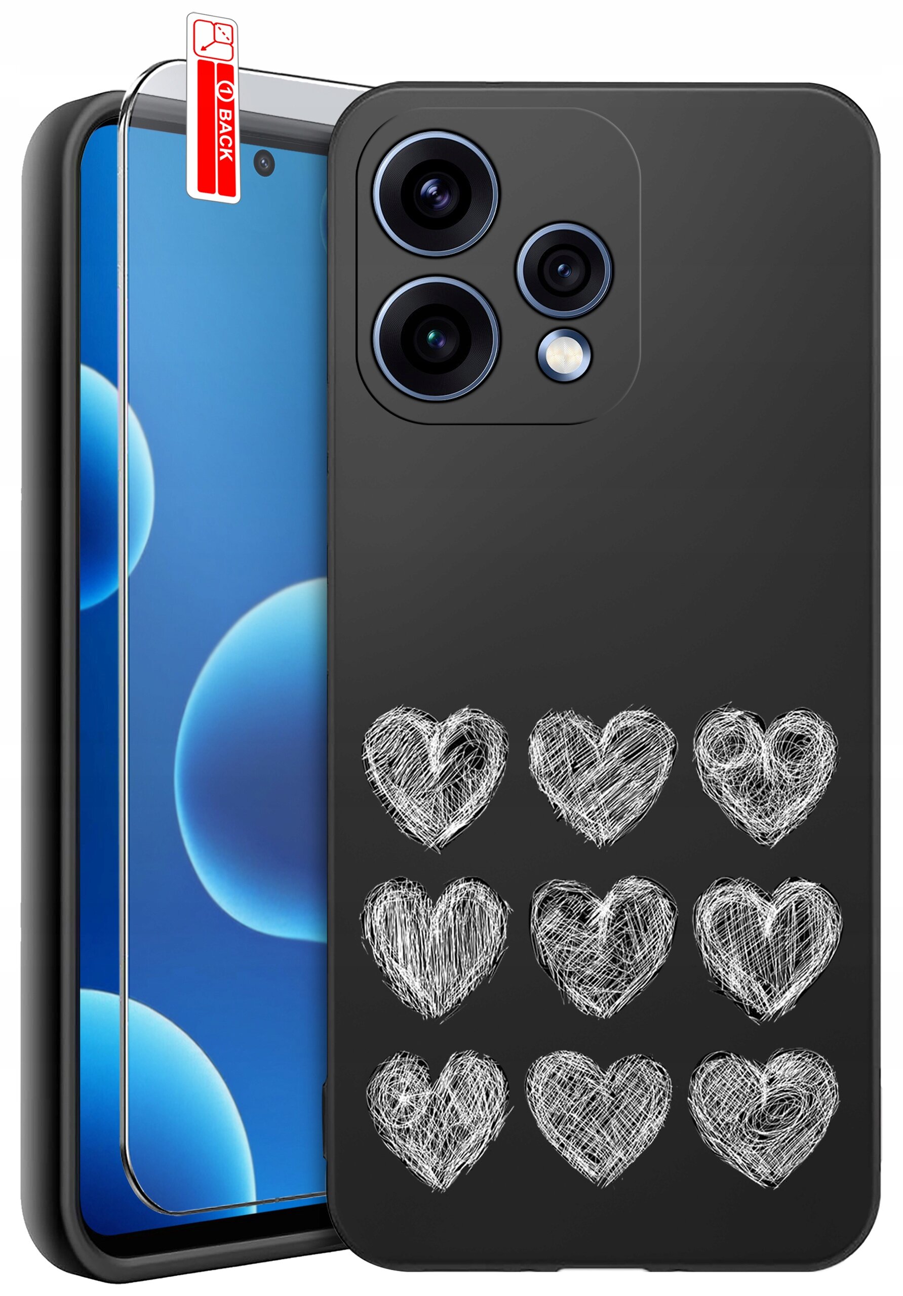Czarne etui na telefon z matowym wykończeniem, ozdobione wzorem dziewięciu białych serc. Obok etui znajduje się szkło ochronne z naklejką \'BACK\'.
