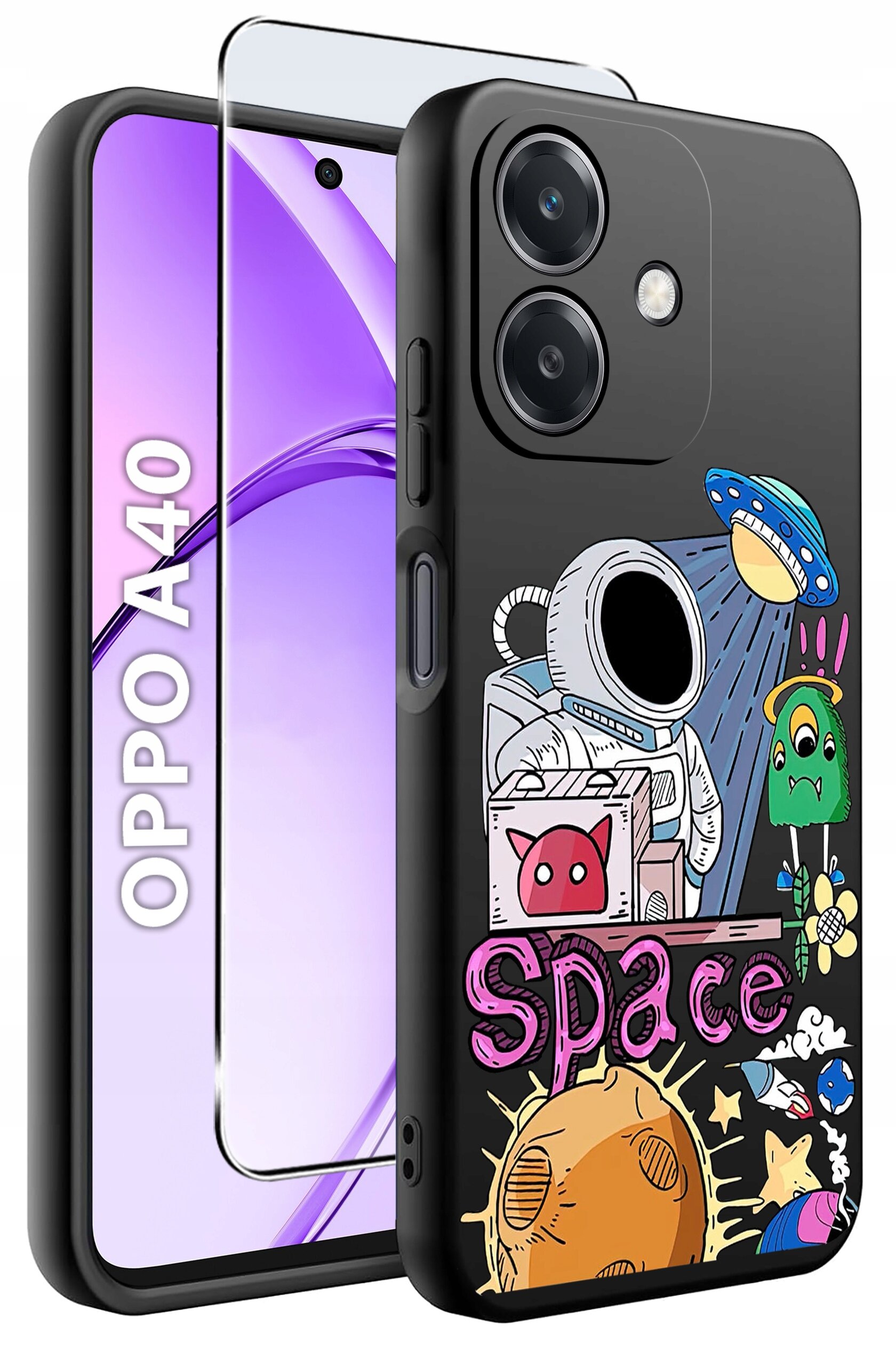 Etui na telefon z kolorowym nadrukiem przedstawiającym astronautę, UFO i napisem \'Space\'. Obok etui widoczny jest telefon z napisem \'OPPO A40\' na ekranie oraz szkło ochronne.