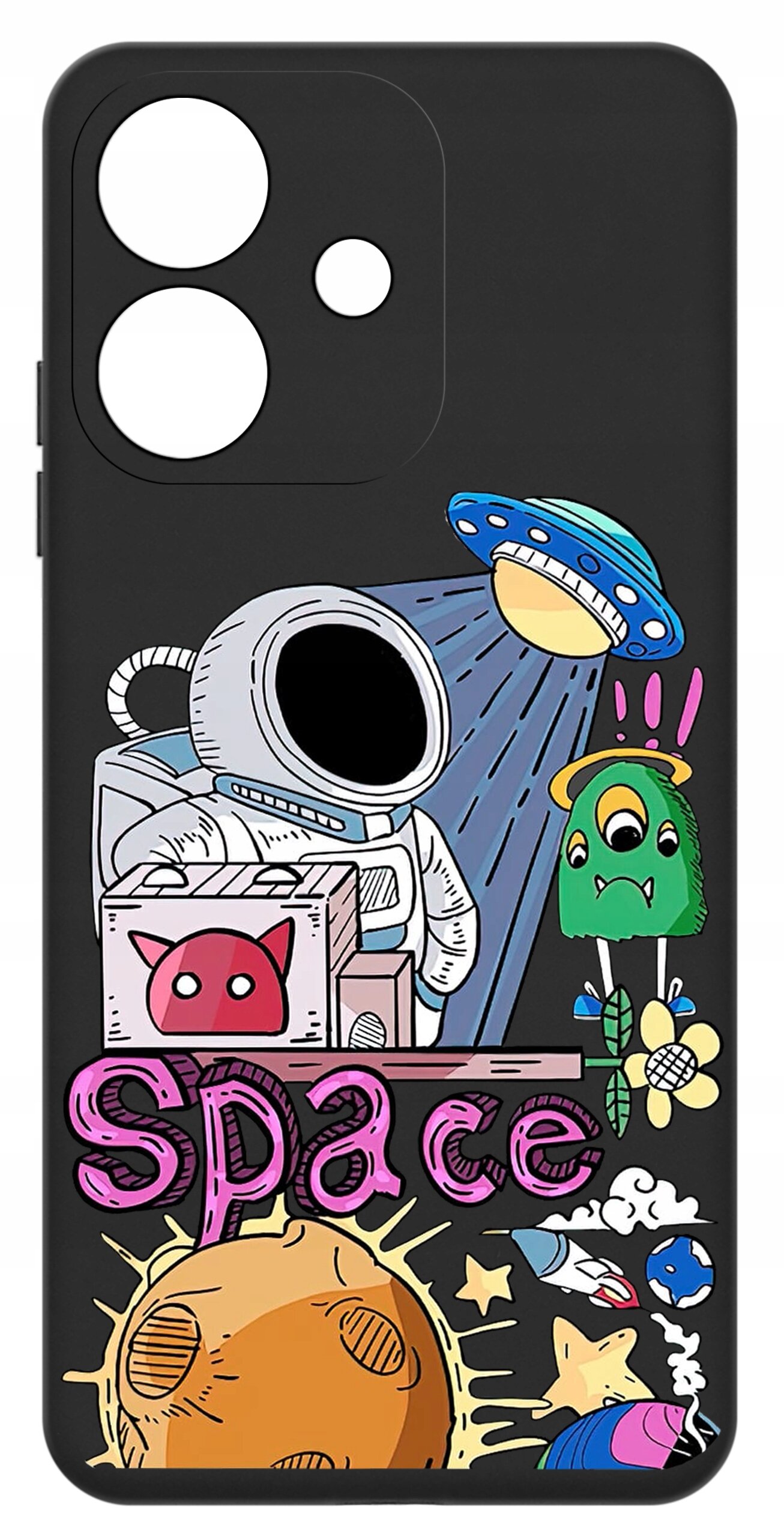 Etui na telefon z kolorowym nadrukiem przedstawiającym astronautę, latający spodek, zielonego potwora i napis \'Space\'.