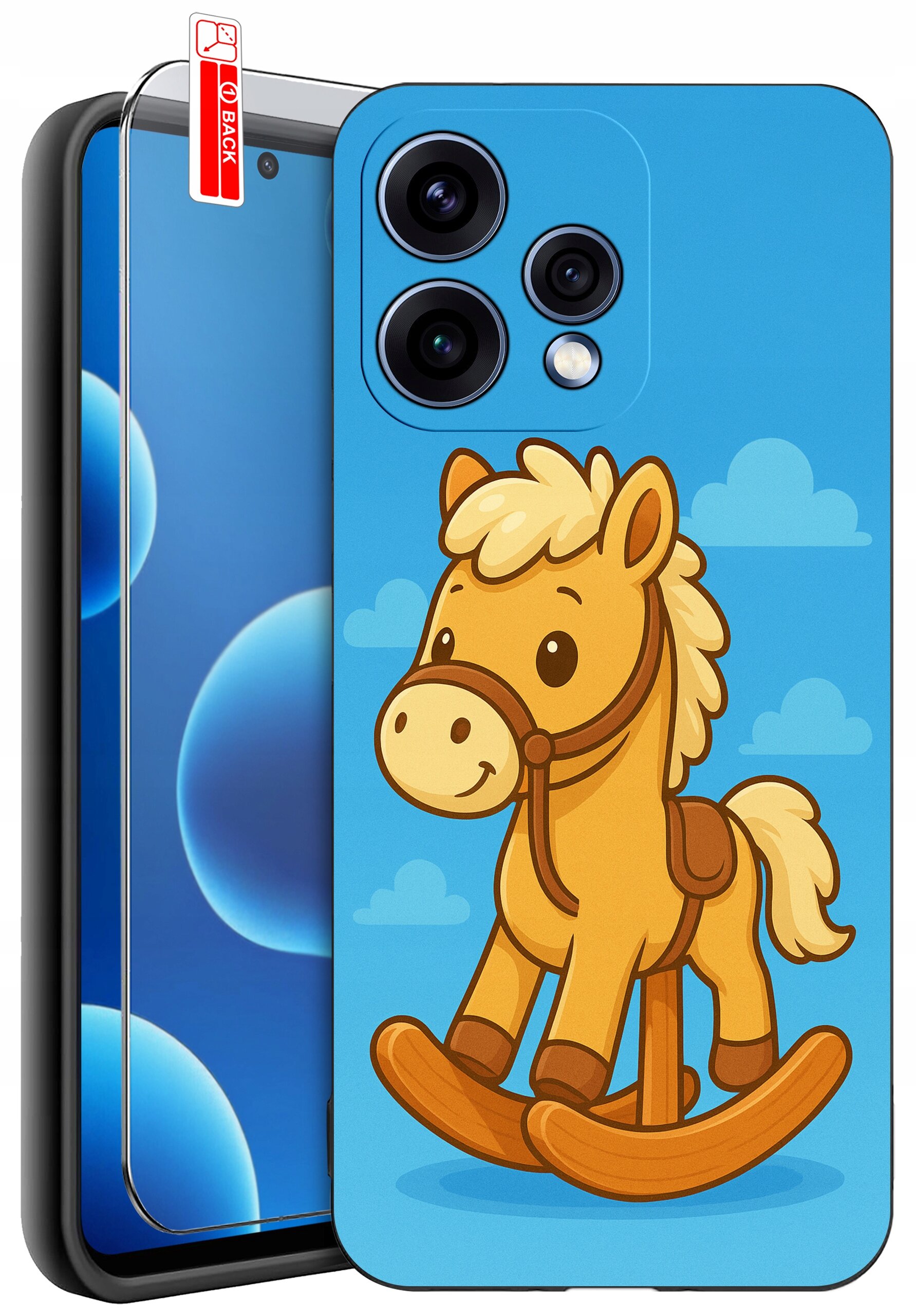 Etui na telefon z niebieskim tłem i grafiką konika na biegunach. Obok widoczne jest szkło ochronne z napisem \'BACK\'.