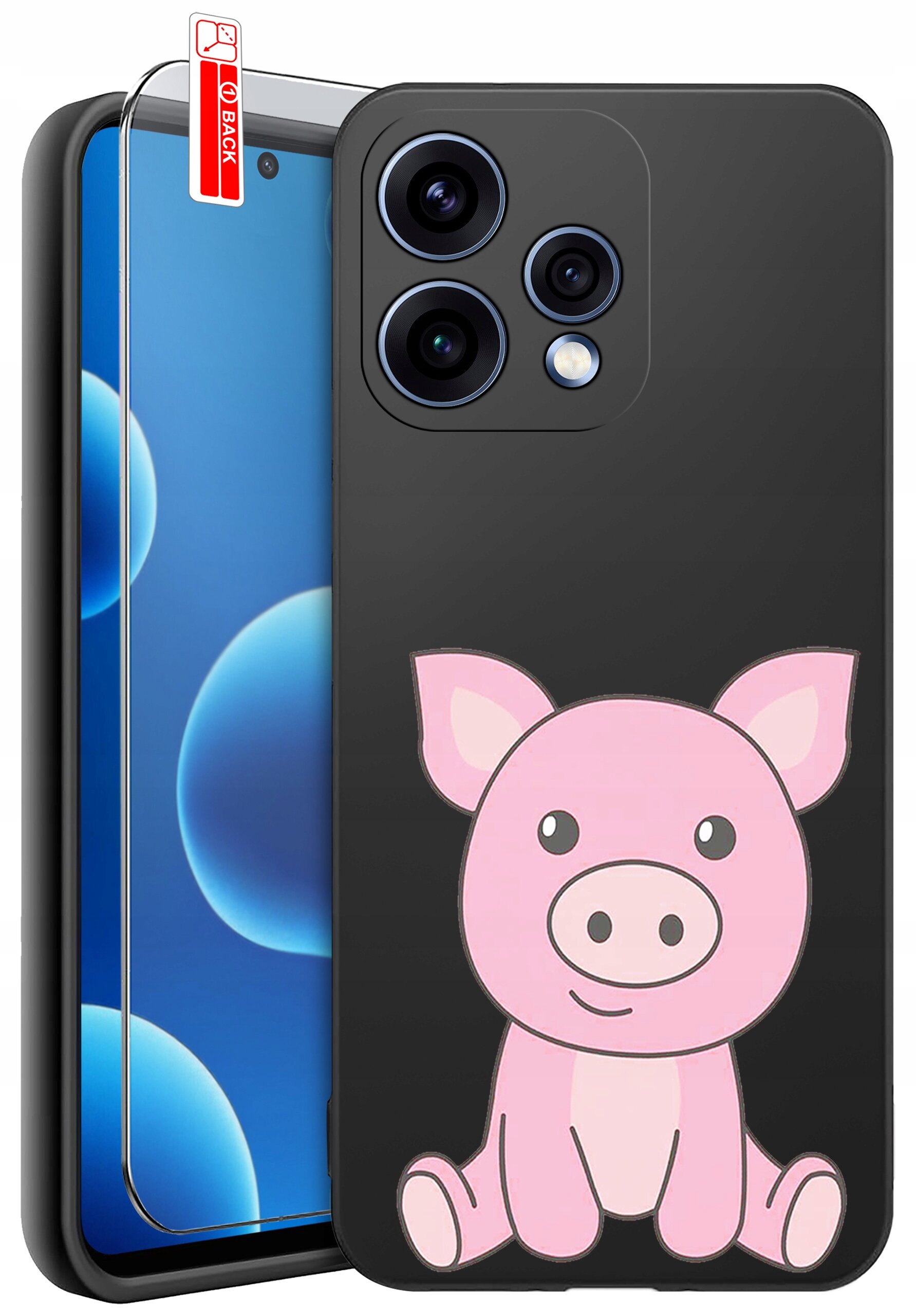 Czarne etui na telefon z nadrukiem różowej świnki oraz szkło ochronne z oznaczeniem \'BACK\'.