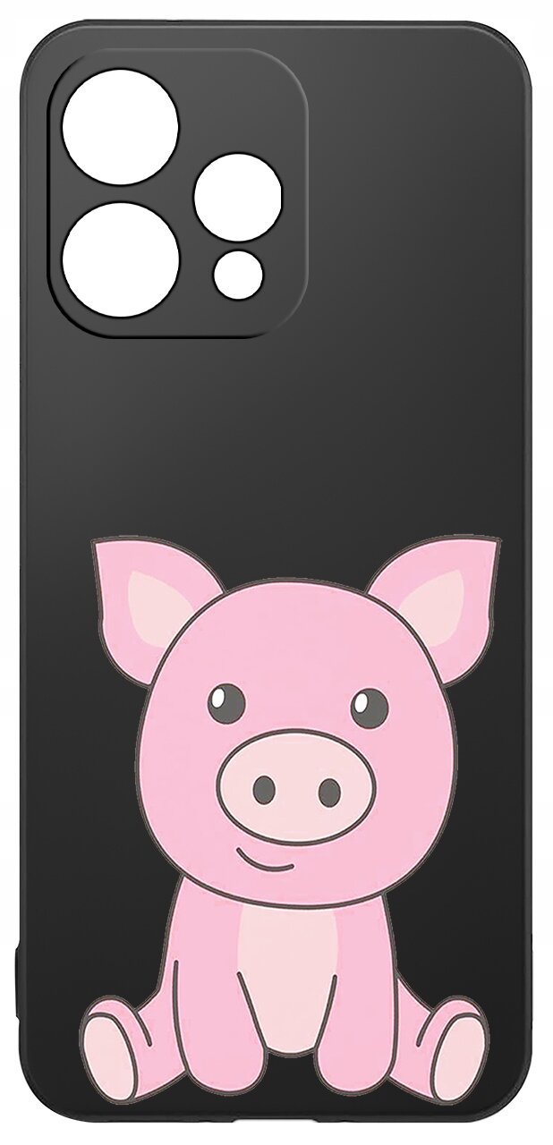 Czarne etui na telefon z nadrukiem różowej świnki siedzącej z przodu. Etui ma wycięcia na aparat w kształcie trzech okręgów i jednego prostokąta.