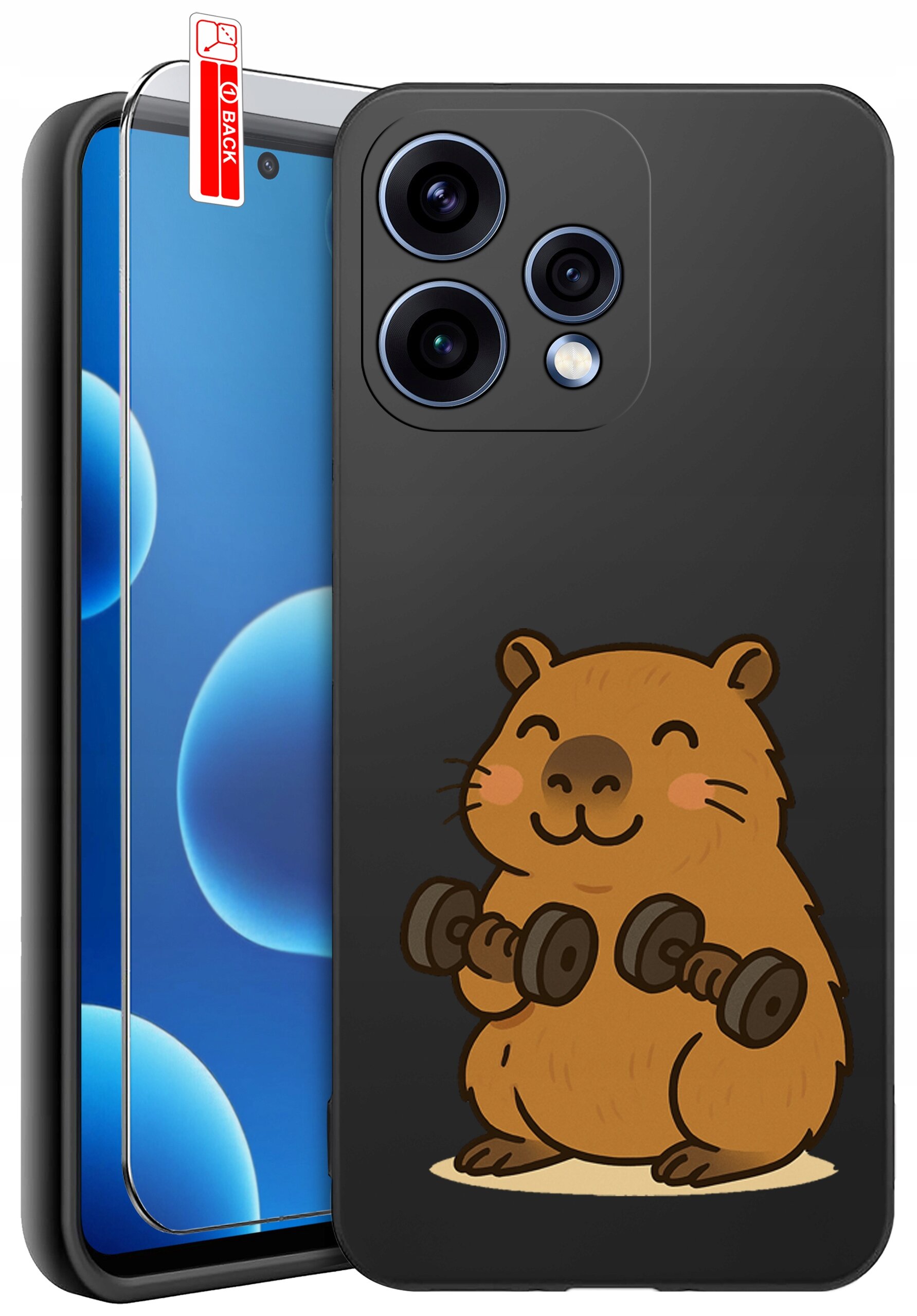 Czarne etui na telefon z rysunkiem uśmiechniętego zwierzątka trzymającego hantle. Obok znajduje się szkło ochronne z napisem \'BACK\'.