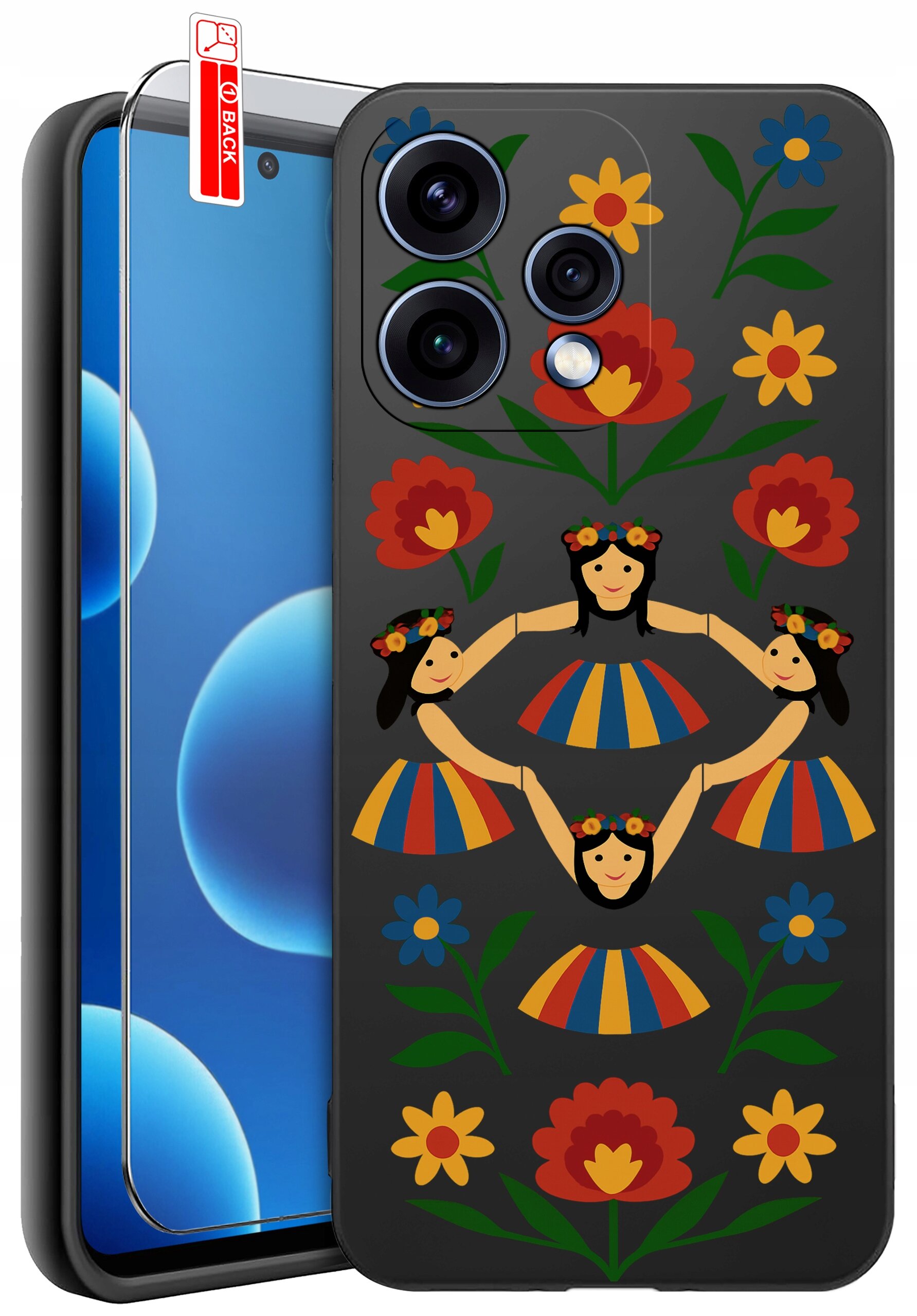 Etui na telefon z kolorowym wzorem przedstawiającym postacie w strojach ludowych i kwiaty. Obok znajduje się szkło ochronne z oznaczeniem \'BACK\'.
