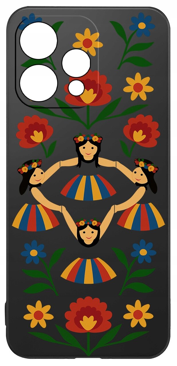 Etui na telefon z kolorowym wzorem przedstawiającym postacie w tradycyjnych strojach oraz kwiaty na ciemnym tle.