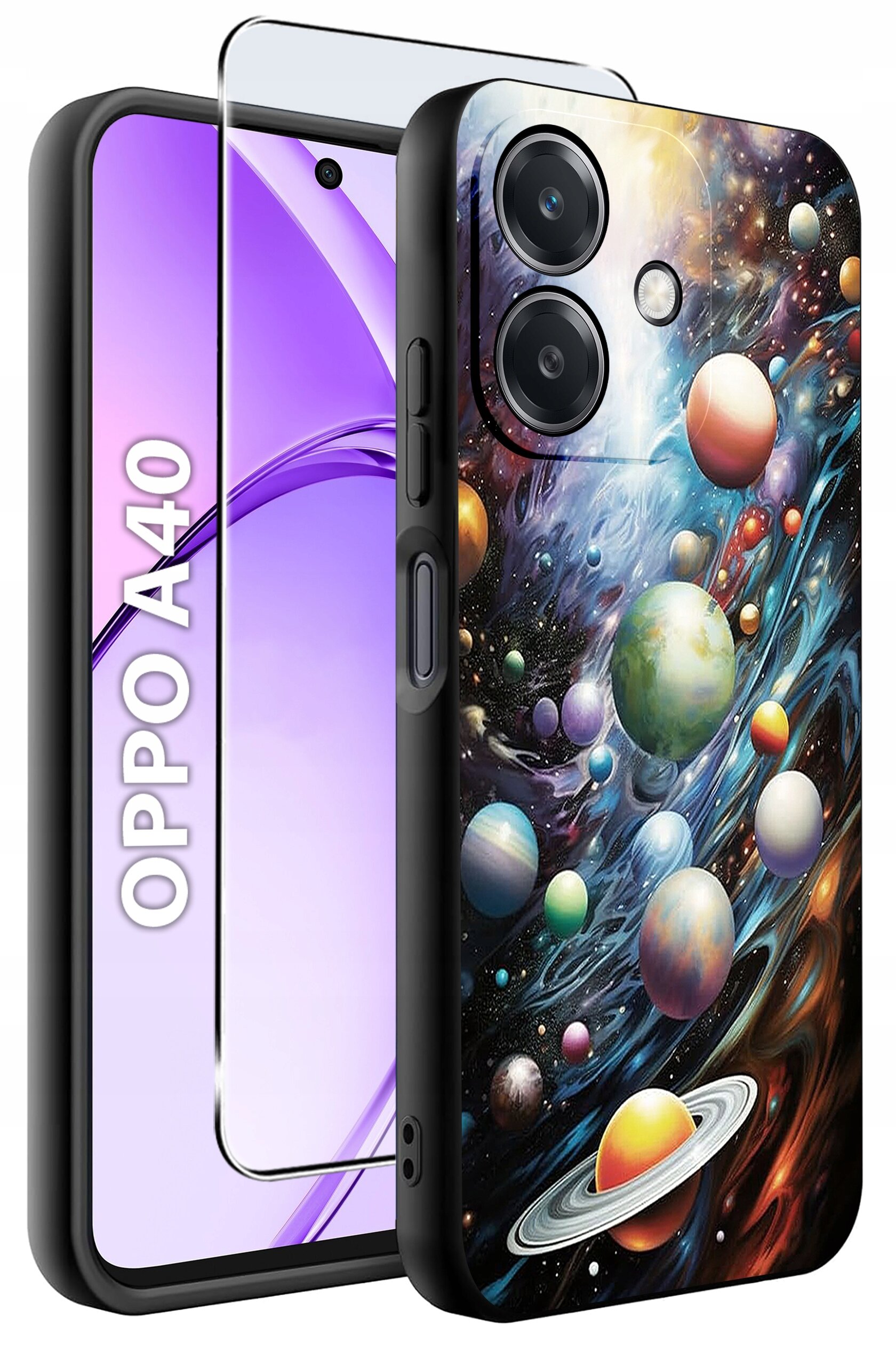Obraz przedstawia etui na telefon z kolorowym wzorem planet i galaktyk oraz szkło ochronne. Obok widoczny jest telefon z napisem \'OPPO A40\'.