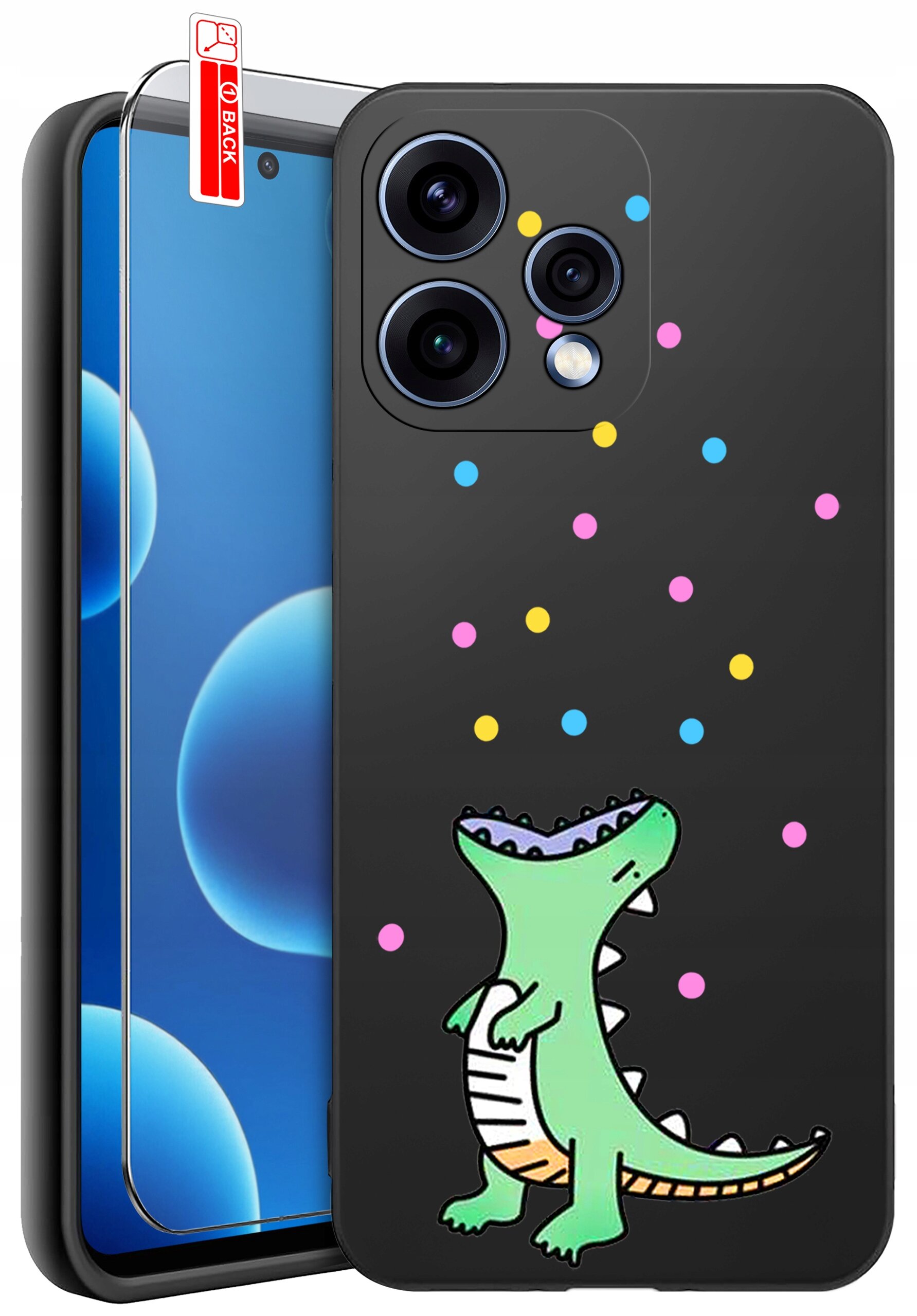 Obraz przedstawia czarne etui na telefon z kolorowym wzorem dinozaura i kolorowymi kropkami. Obok etui znajduje się szkło ochronne z etykietą \'BACK\'.