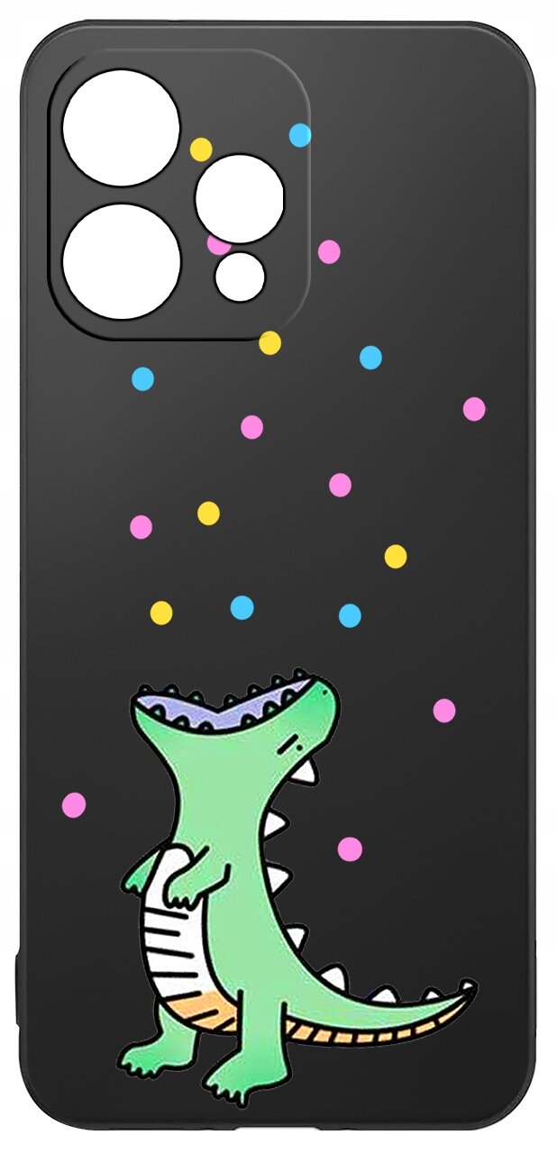Czarne etui z kolorowym wzorem przedstawiającym zielonego dinozaura oraz rozrzucone kolorowe kropki. Etui ma wycięcia na aparat i inne elementy telefonu.