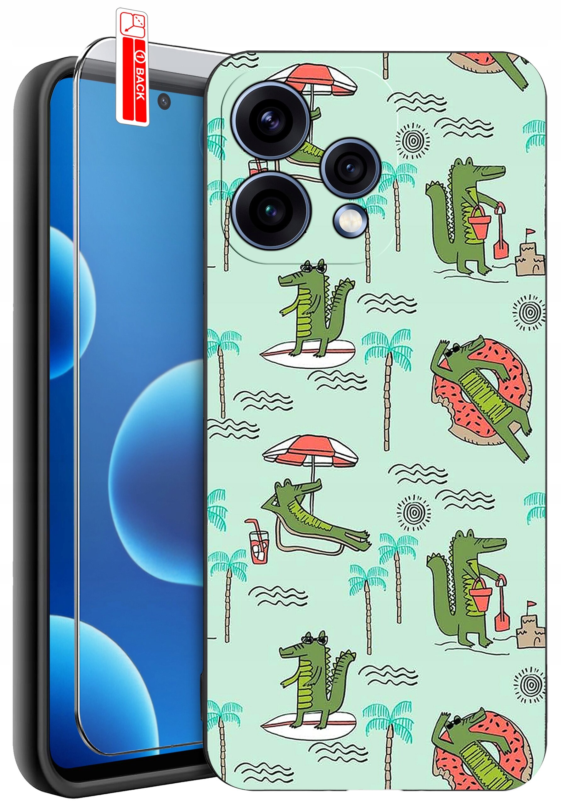 Etui na telefon z kolorowym wzorem przedstawiającym krokodyle w różnych wakacyjnych scenach, takich jak leżenie pod parasolem czy pływanie na desce. Obok etui znajduje się szkło ochronne z oznaczeniem \'BACK\'.