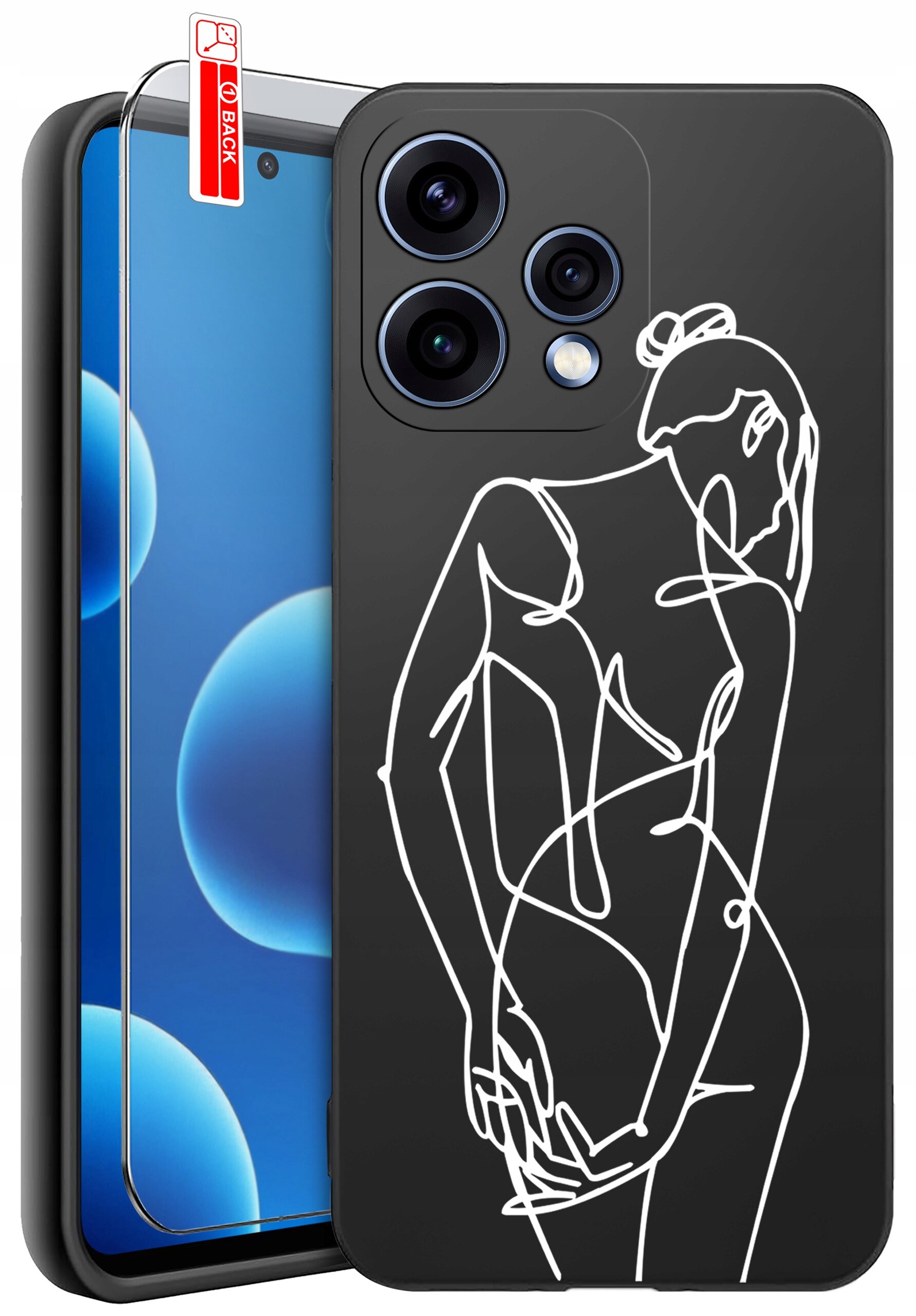 Czarne etui na telefon z białym, abstrakcyjnym rysunkiem postaci. Obok znajduje się szkło ochronne z naklejką \'BACK\'.