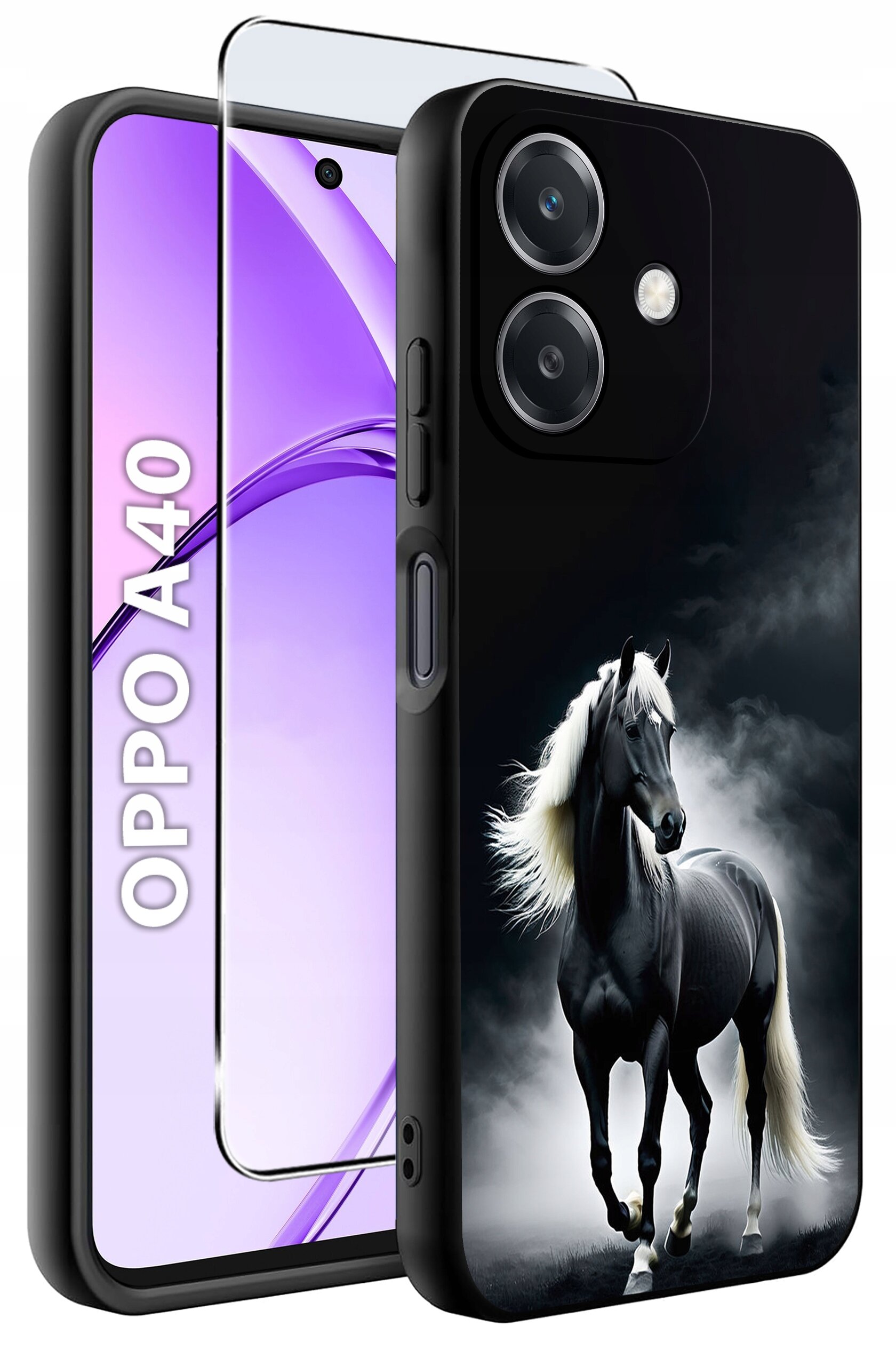 Obraz przedstawia etui na telefon z motywem czarnego konia na tle mgły. Obok widoczny jest telefon z napisem \'OPPO A40\' na ekranie oraz szkło ochronne.