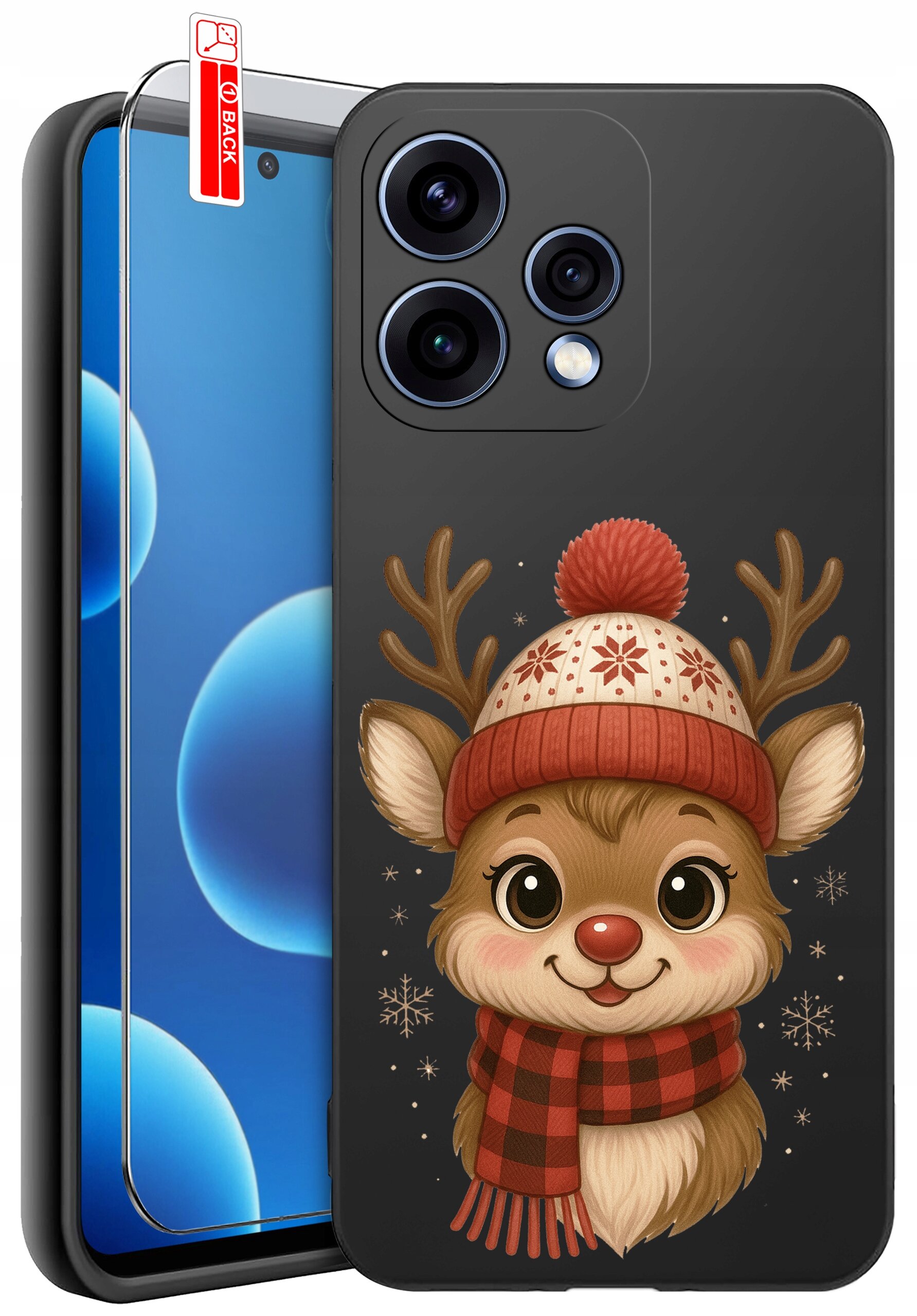 Na obrazie widoczne jest etui na telefon z rysunkiem uśmiechniętego renifera w czapce i szaliku, obok znajduje się szkło ochronne z napisem \'BACK\'.