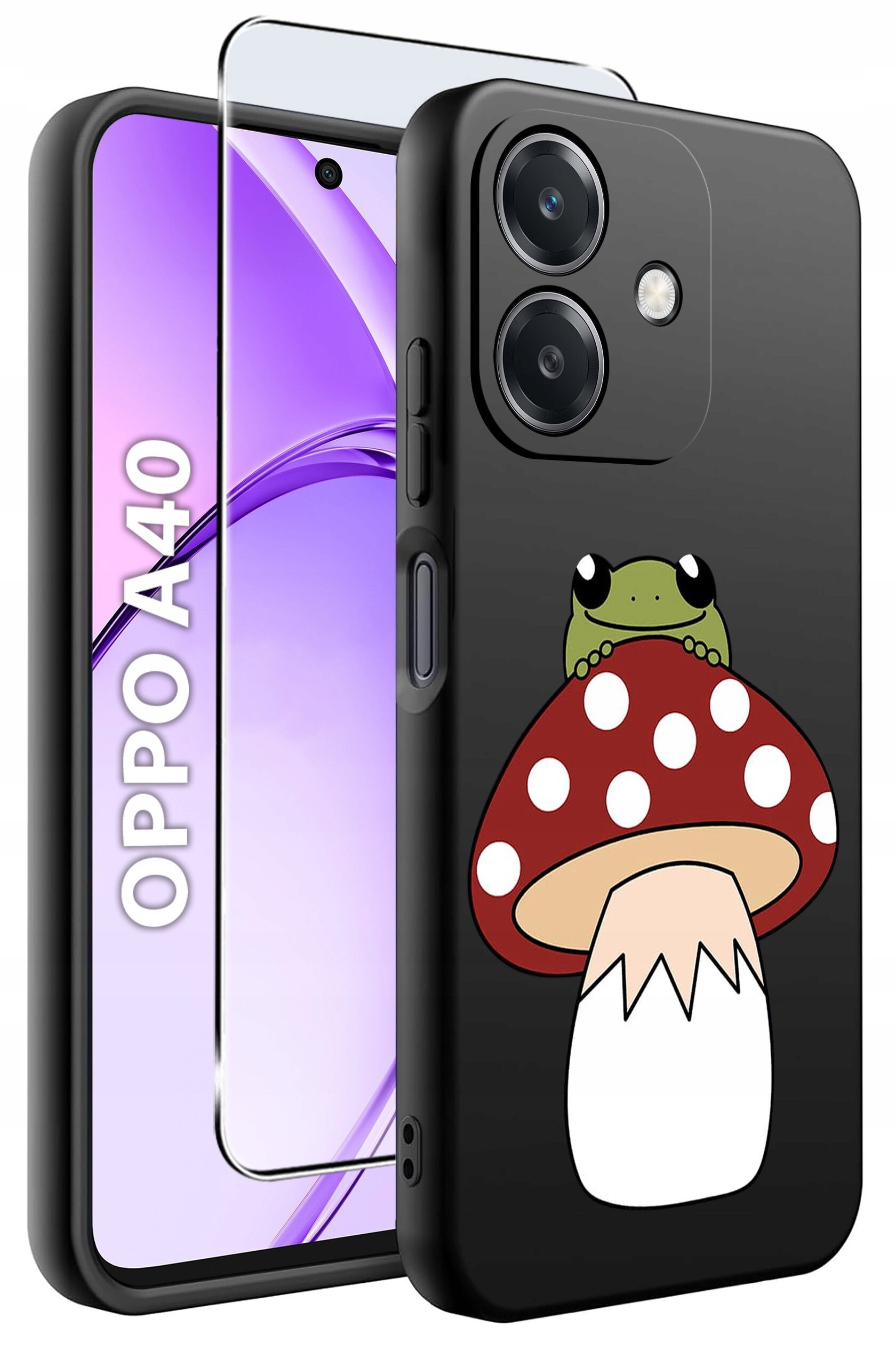 Etui na telefon z grafiką przedstawiającą żabę siedzącą na czerwonym muchomorze z białymi kropkami. Obok widoczny jest telefon z napisem \'OPPO A40\' na ekranie oraz szkło ochronne.