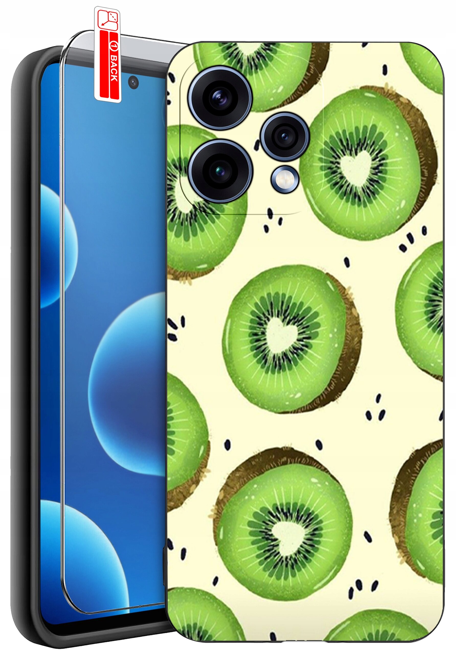 Etui na telefon z wzorem plasterków kiwi, obok którego znajduje się szkło ochronne z napisem \'BACK\'.