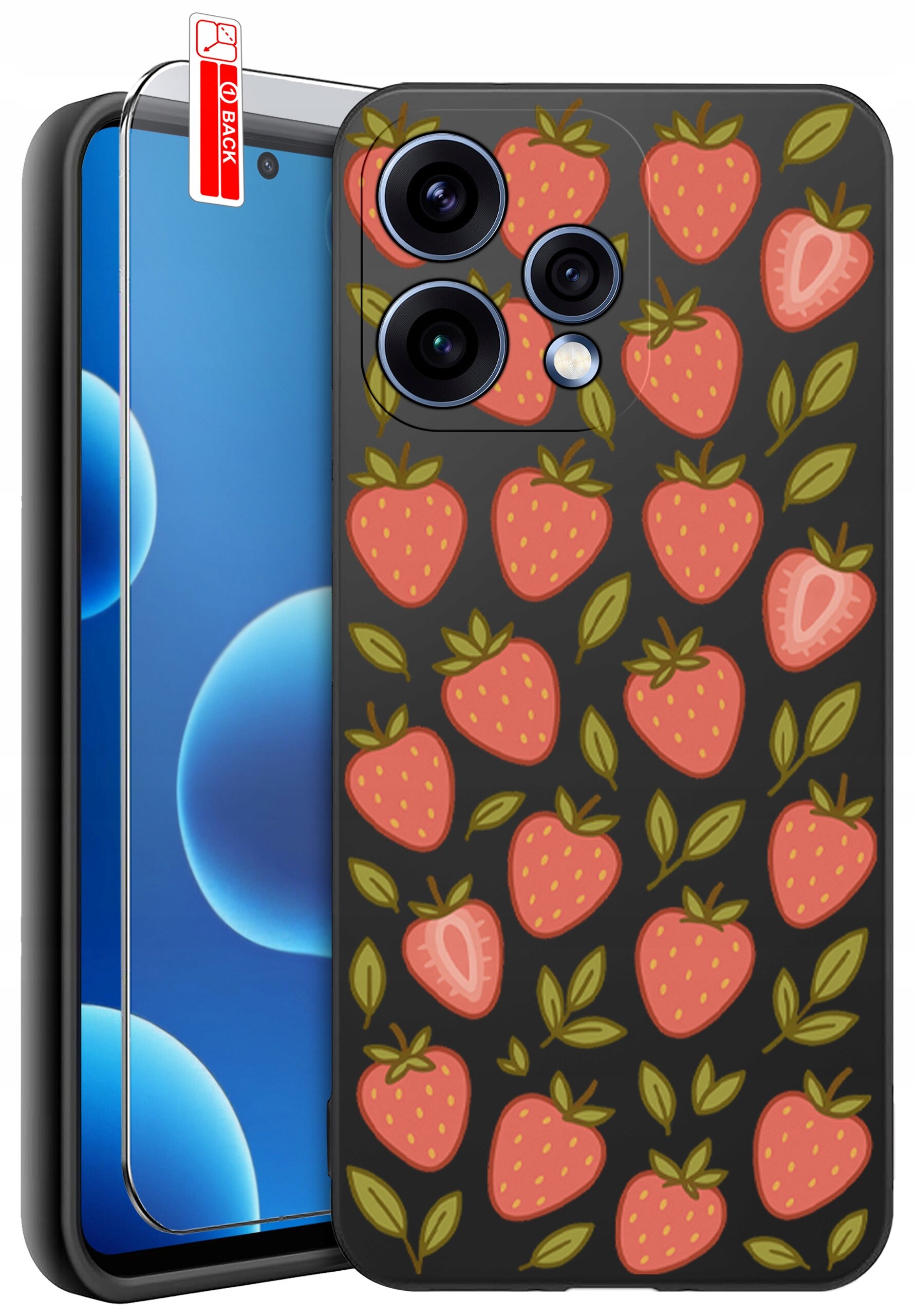 Etui na telefon z wzorem truskawek i liści na ciemnym tle, obok którego znajduje się szkło ochronne z napisem \'BACK\'.