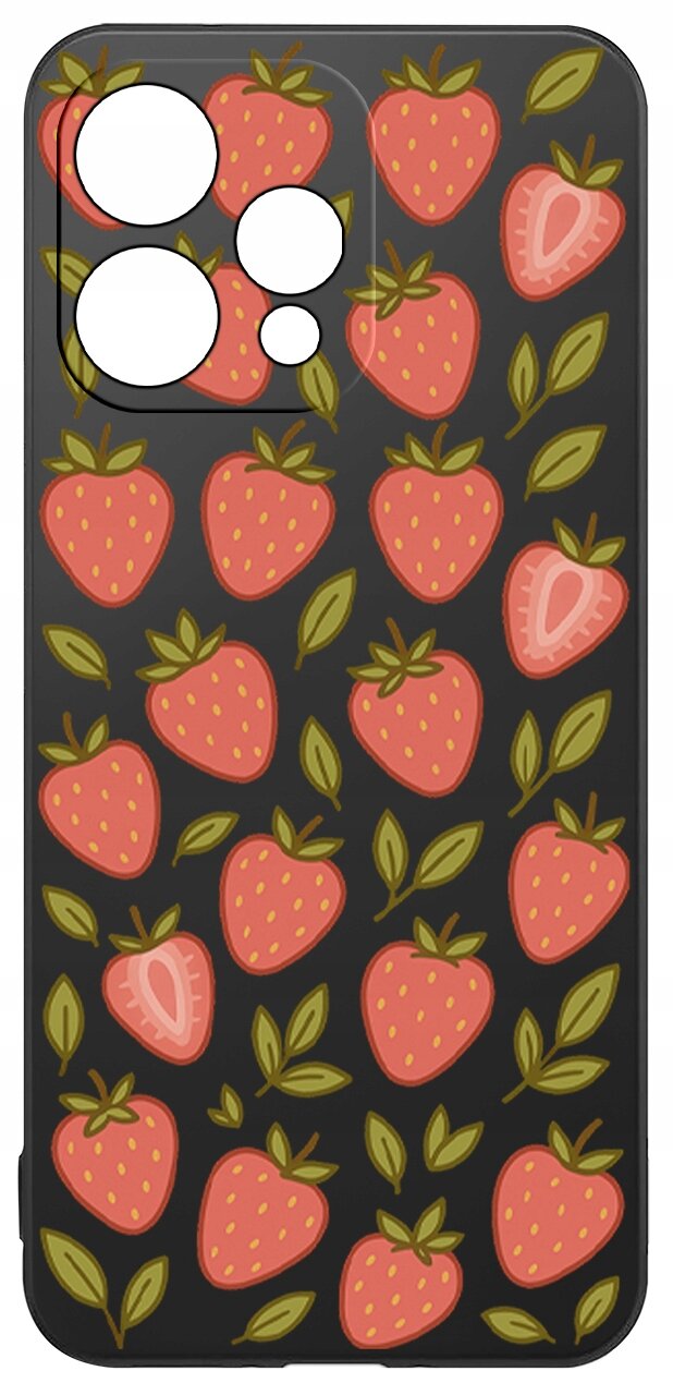 Czarne etui z wzorem czerwonych truskawek i zielonych liści, przeznaczone na telefon z czterema otworami na aparat.