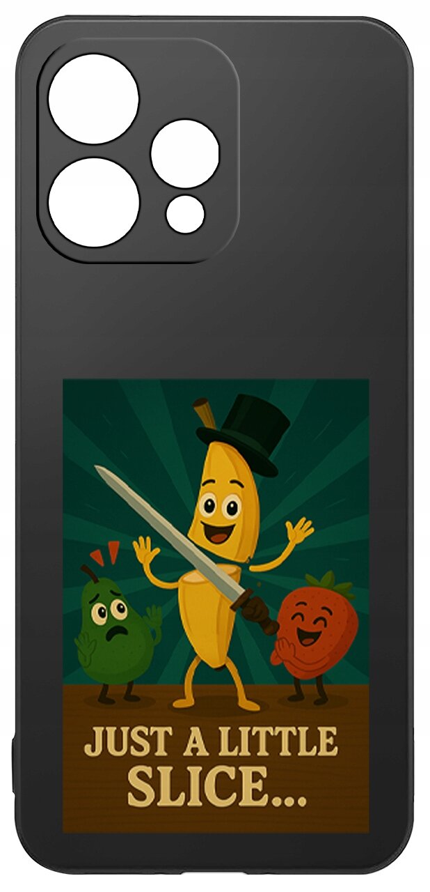 Czarne etui z grafiką przedstawiającą banana w cylindrze trzymającego miecz, obok którego znajdują się zielony i czerwony owoc z twarzami. Na dole widnieje napis \'JUST A LITTLE SLICE...\'.
