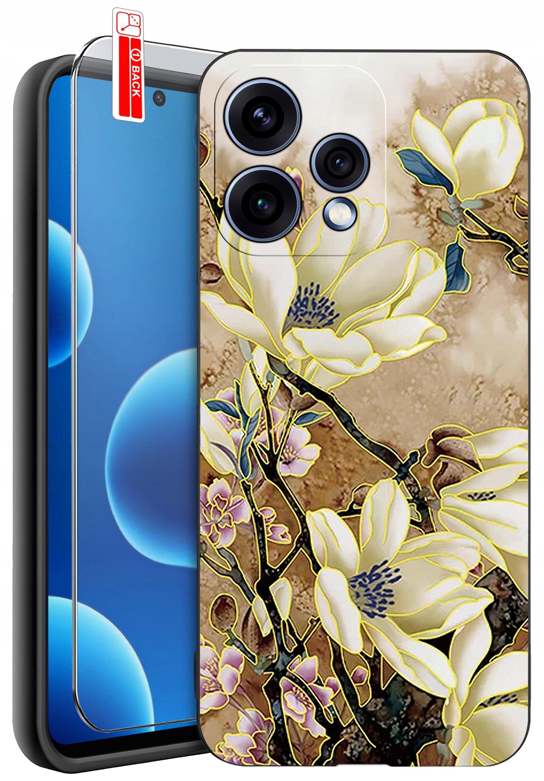 Obraz przedstawia telefon z nałożonym etui ozdobionym wzorem kwiatów magnolii. Obok telefonu znajduje się szkło ochronne z napisem \'BACK\'.
