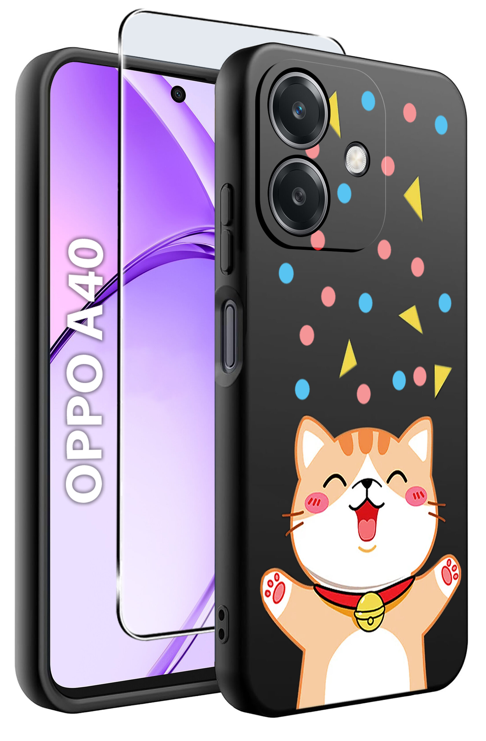 Etui do telefonu z kolorowym wzorem kota i geometrycznymi kształtami na czarnym tle. Obok widoczny jest telefon z napisem \'OPPO A40\' oraz szkło ochronne.