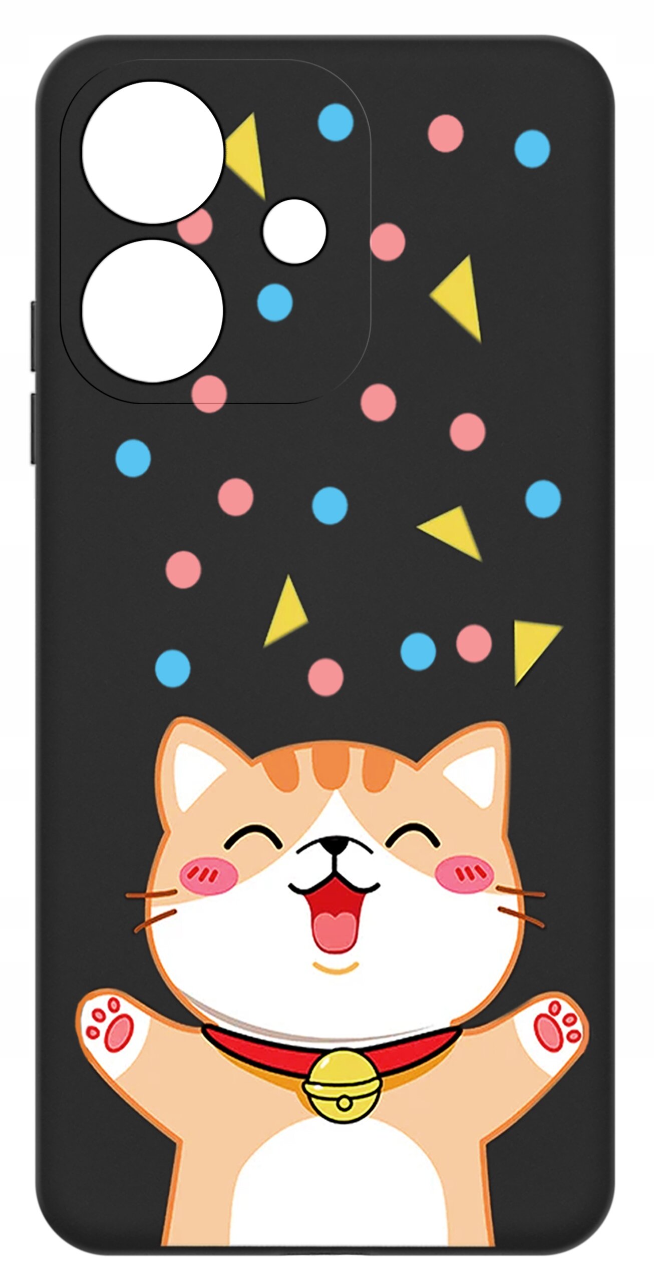 Czarne etui na telefon z rysunkiem uśmiechniętego kota oraz kolorowymi kropkami i trójkątami w tle. Etui posiada wycięcia na aparat i przyciski.