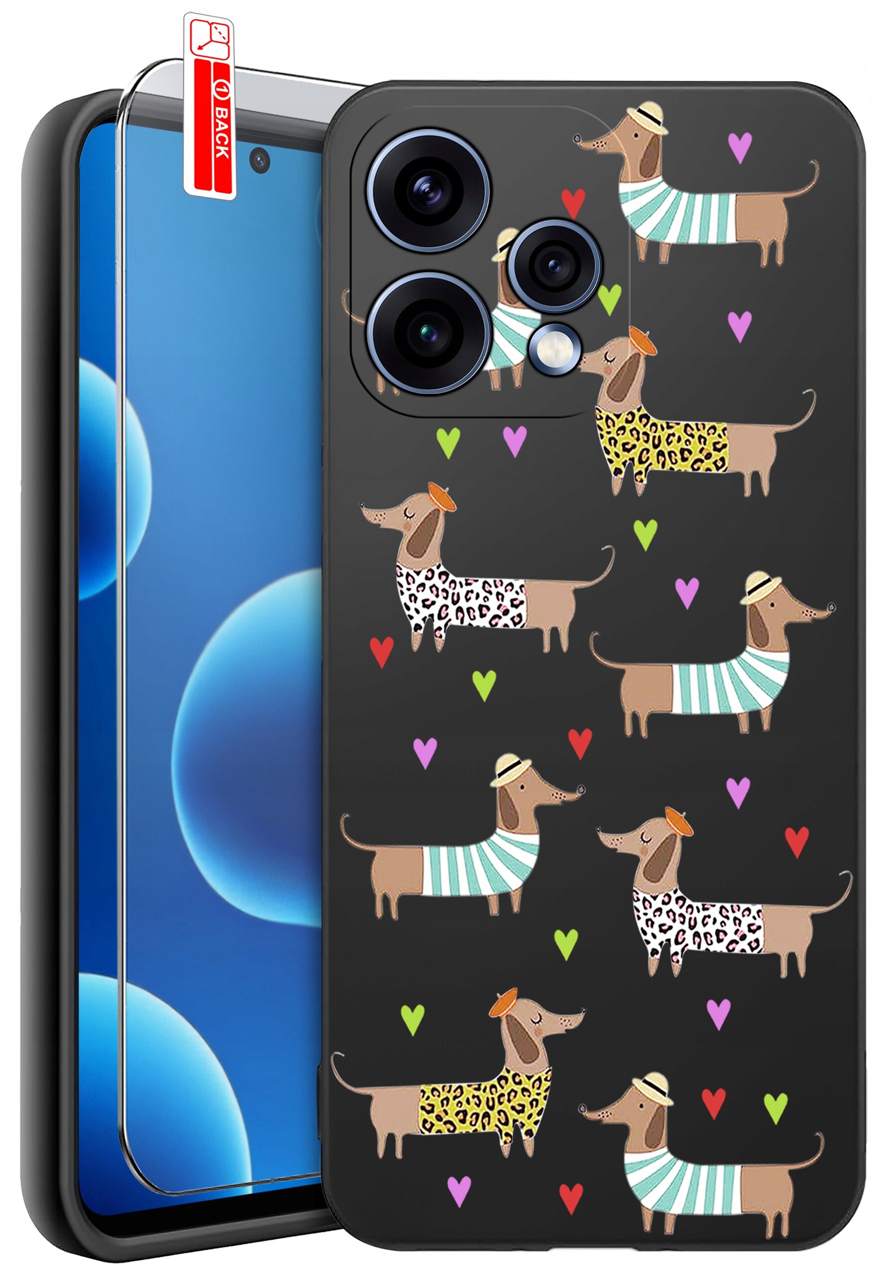 Etui na telefon z motywem jamników w kolorowych ubrankach i serduszkami na czarnym tle. Obok etui znajduje się szkło ochronne z napisem \'BACK\'.