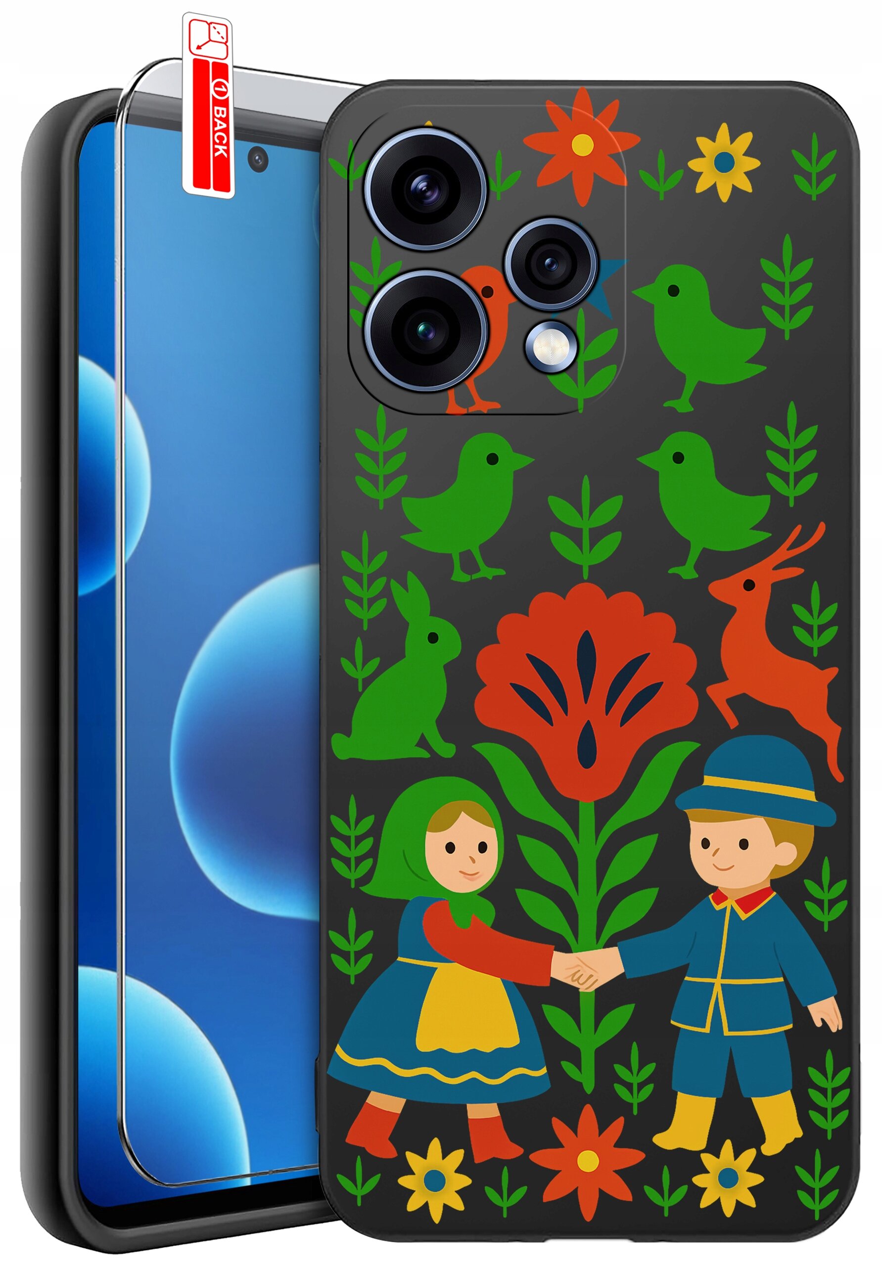 Etui na telefon z kolorowym wzorem przedstawiającym postacie, zwierzęta i rośliny na ciemnym tle. Obok etui znajduje się szkło ochronne z napisem \'BACK\'.
