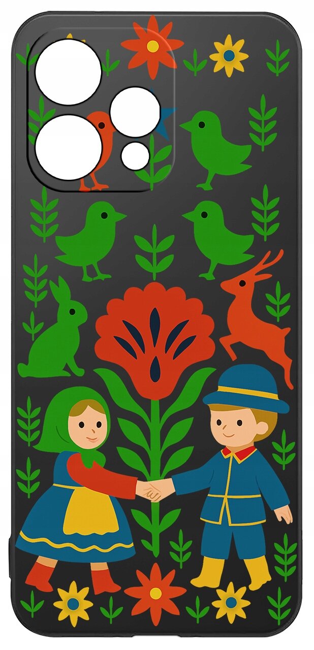 Etui na telefon z kolorowym wzorem przedstawiającym postacie w tradycyjnych strojach, otoczone kwiatami, ptakami i zwierzętami na czarnym tle.