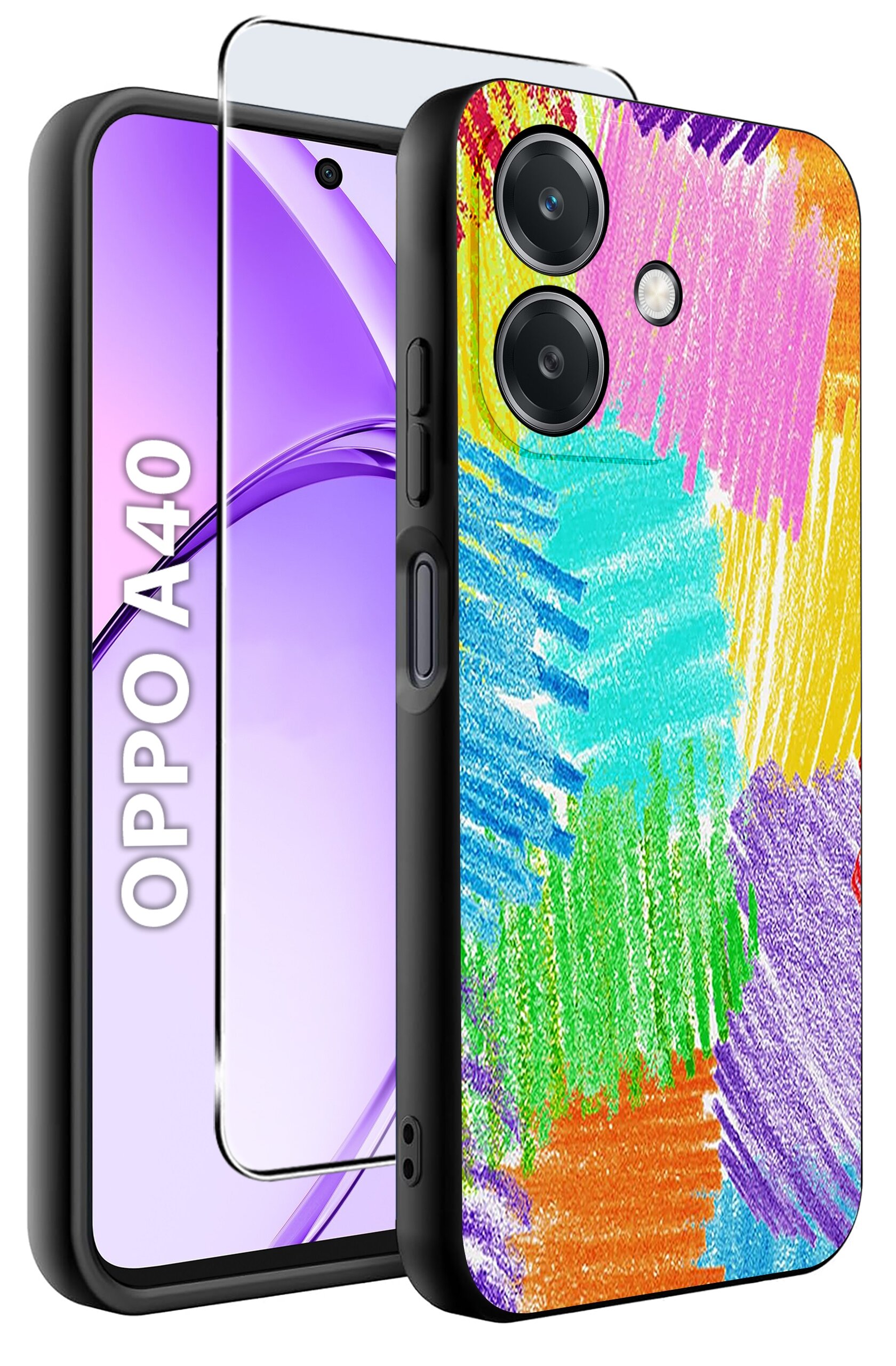 Obraz przedstawia kolorowe etui na telefon z abstrakcyjnym wzorem w różnych kolorach oraz szkło ochronne. Na ekranie telefonu widoczny jest napis \'OPPO A40\'.