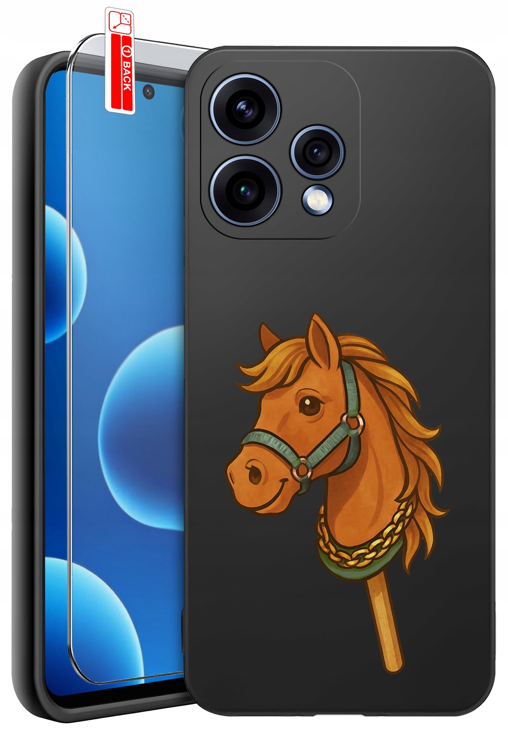 Czarne etui na telefon z nadrukiem głowy konia w uprzęży. Obok znajduje się szkło ochronne z oznaczeniem \'BACK\'.