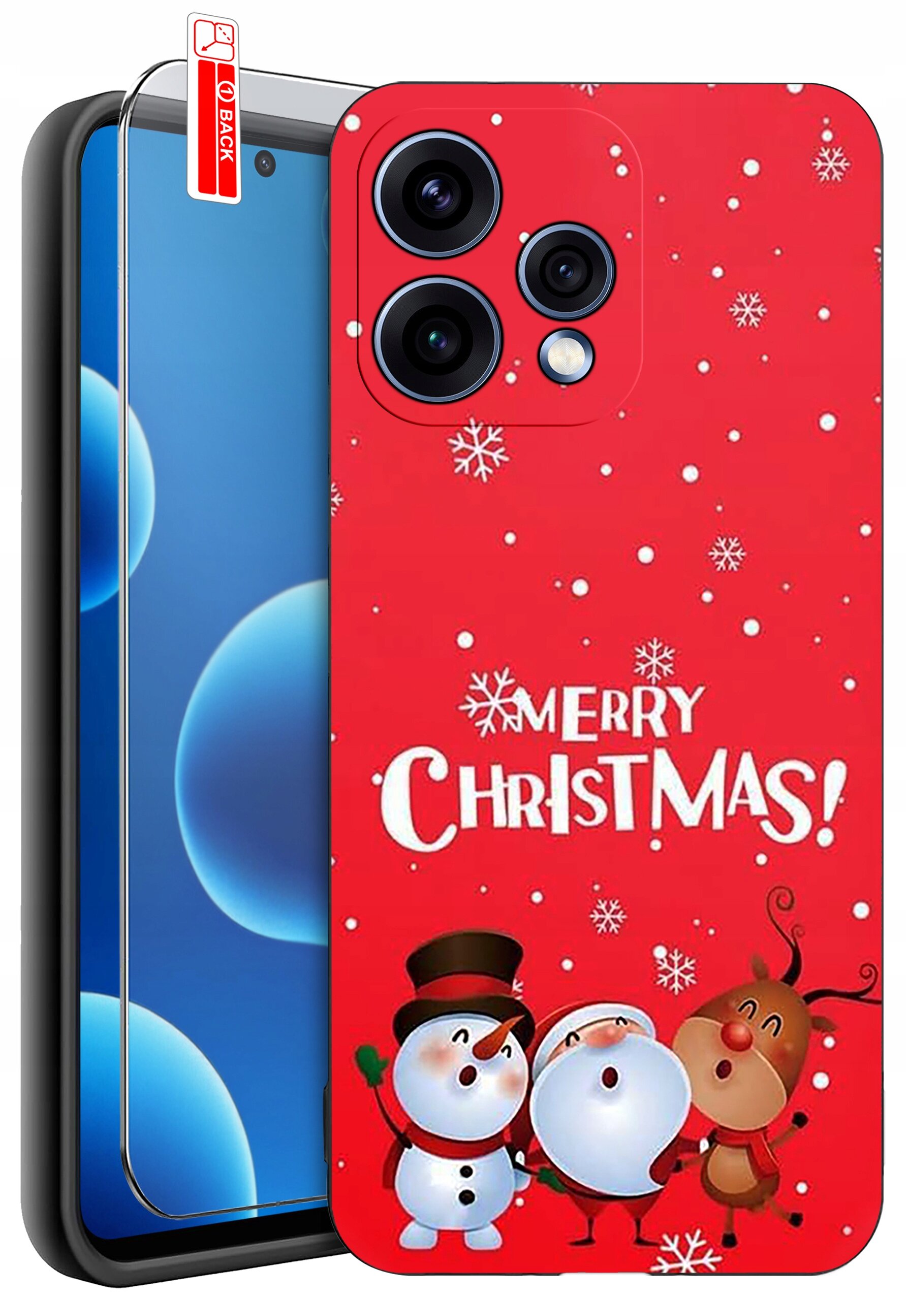 Etui na telefon z czerwonym tłem, ozdobione śnieżynkami i postaciami bałwanków oraz renifera, z napisem \'Merry Christmas!\'. Obok etui znajduje się szkło ochronne z oznaczeniem \'BACK\'.