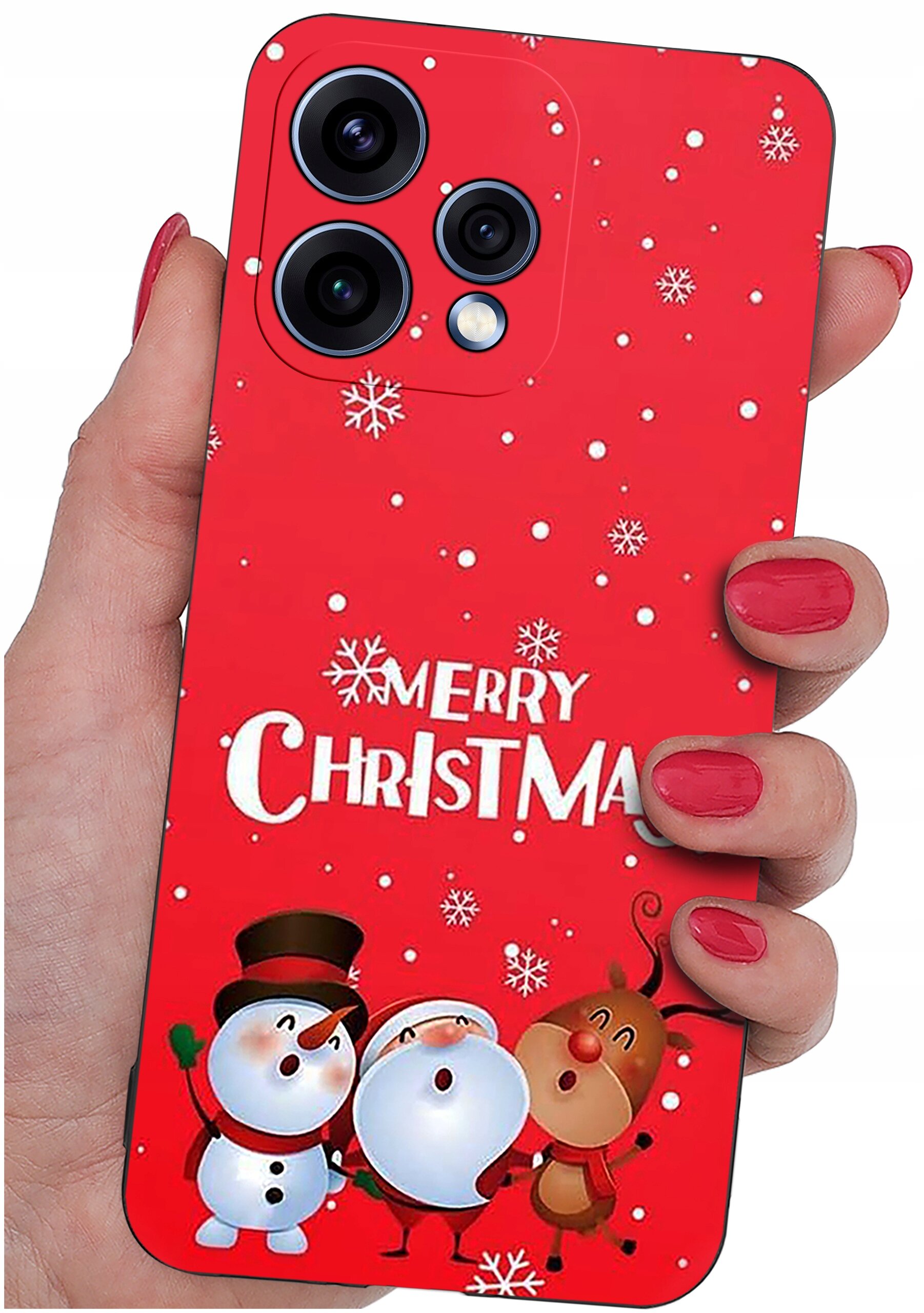 Czerwone etui na telefon z motywem świątecznym, przedstawiające bałwanki i renifera oraz napis \'Merry Christmas\'. Etui trzymane jest w dłoni z pomalowanymi na czerwono paznokciami.