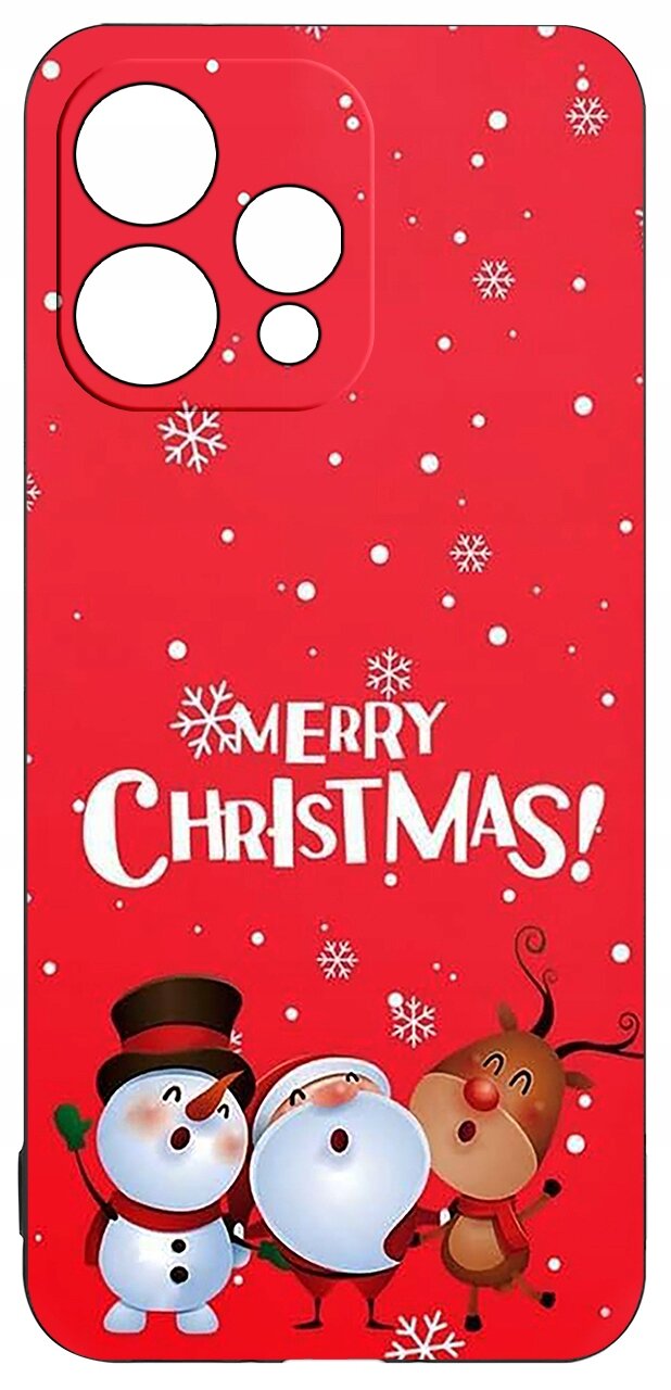 Czerwone etui z napisem \'Merry Christmas!\' ozdobione śnieżynkami oraz postaciami bałwanków i renifera.