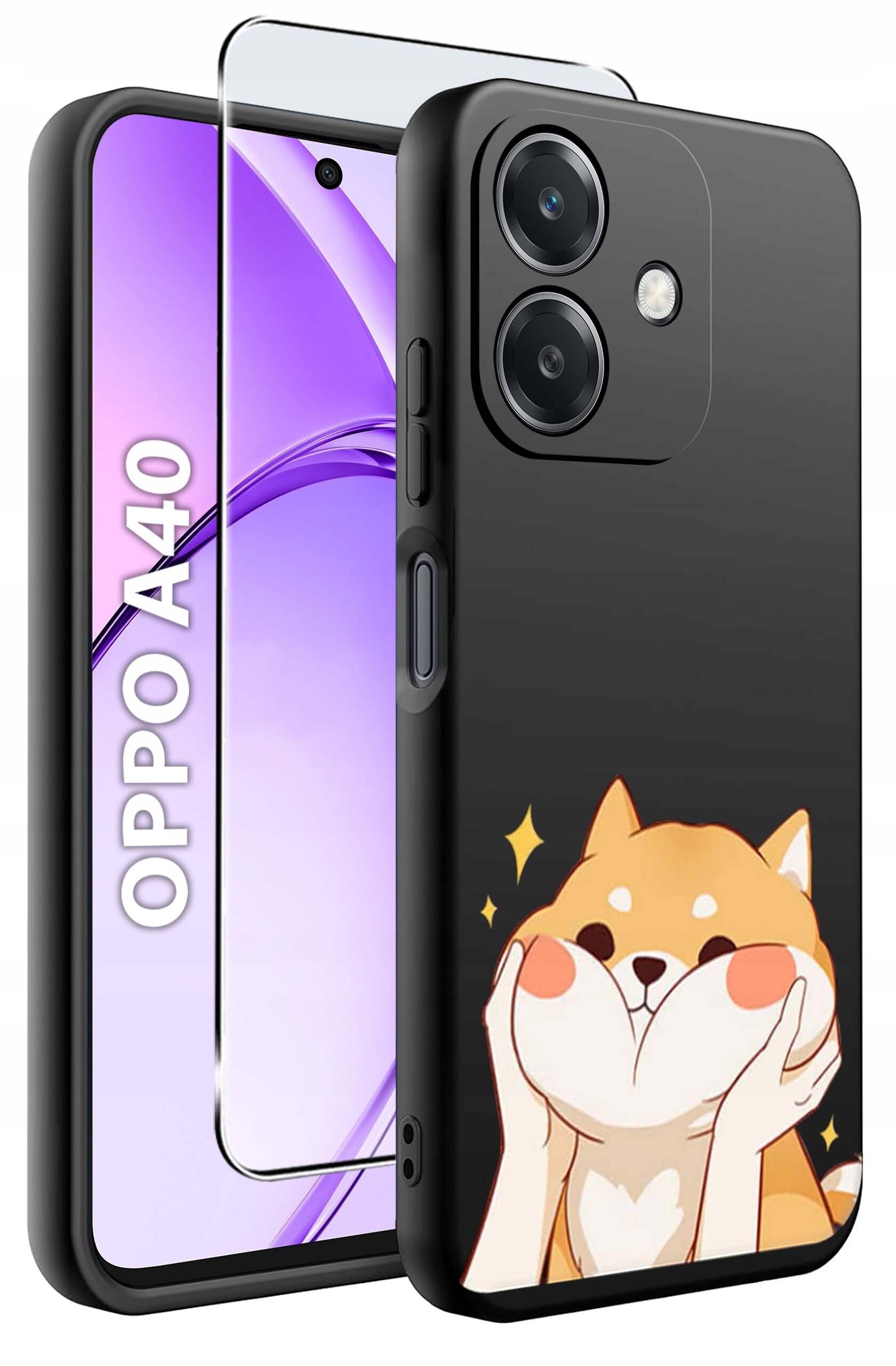 Obraz przedstawia czarne etui na telefon z grafiką przedstawiającą uśmiechniętego psa. Obok etui widoczny jest telefon z napisem \'OPPO A40\' na ekranie oraz szkło ochronne.