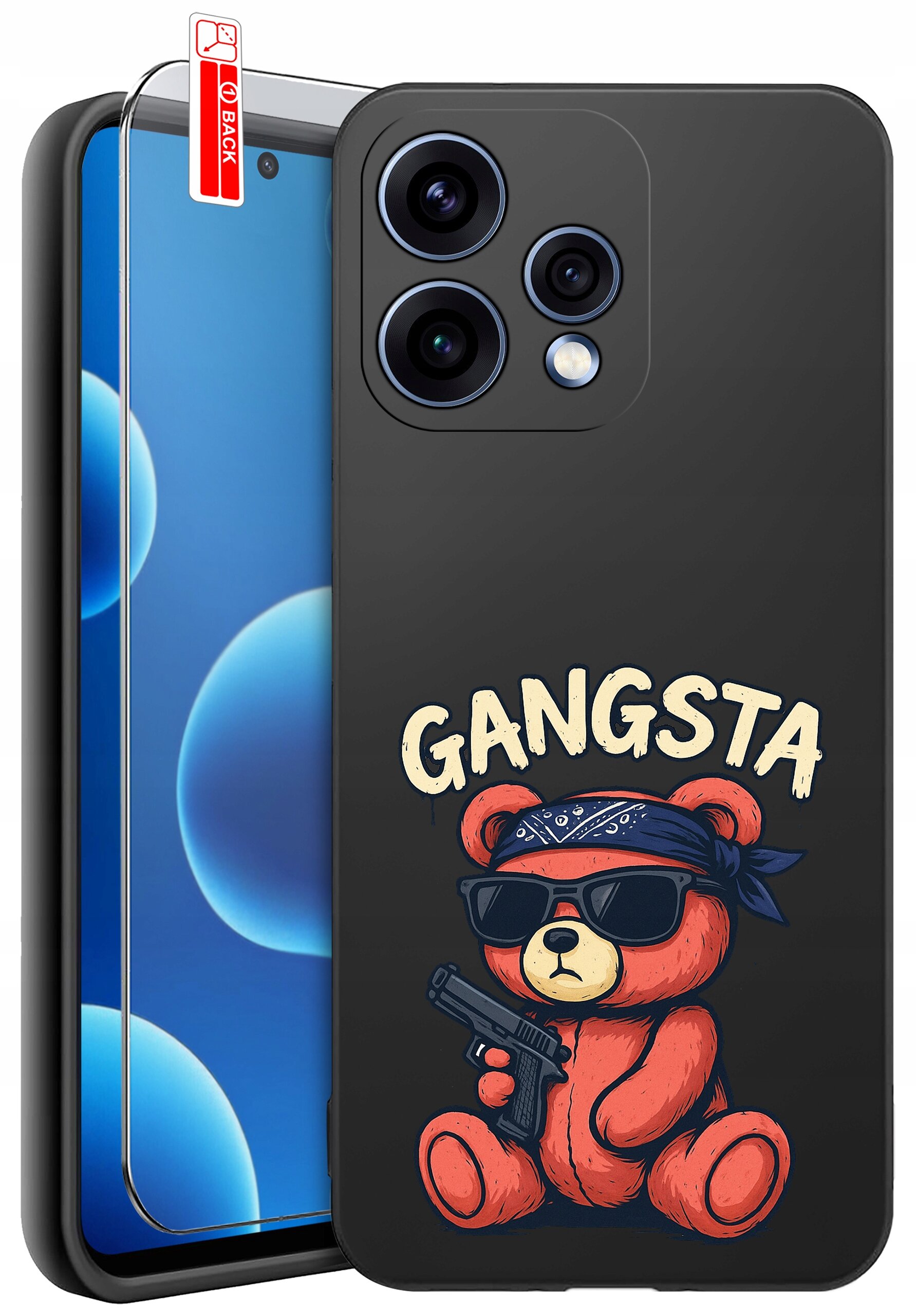 Na obrazie widoczne jest czarne etui na telefon z nadrukiem misia w okularach przeciwsłonecznych, trzymającego pistolet, z napisem \'GANGSTA\'. Obok etui znajduje się szkło ochronne z oznaczeniem \'BACK\'.
