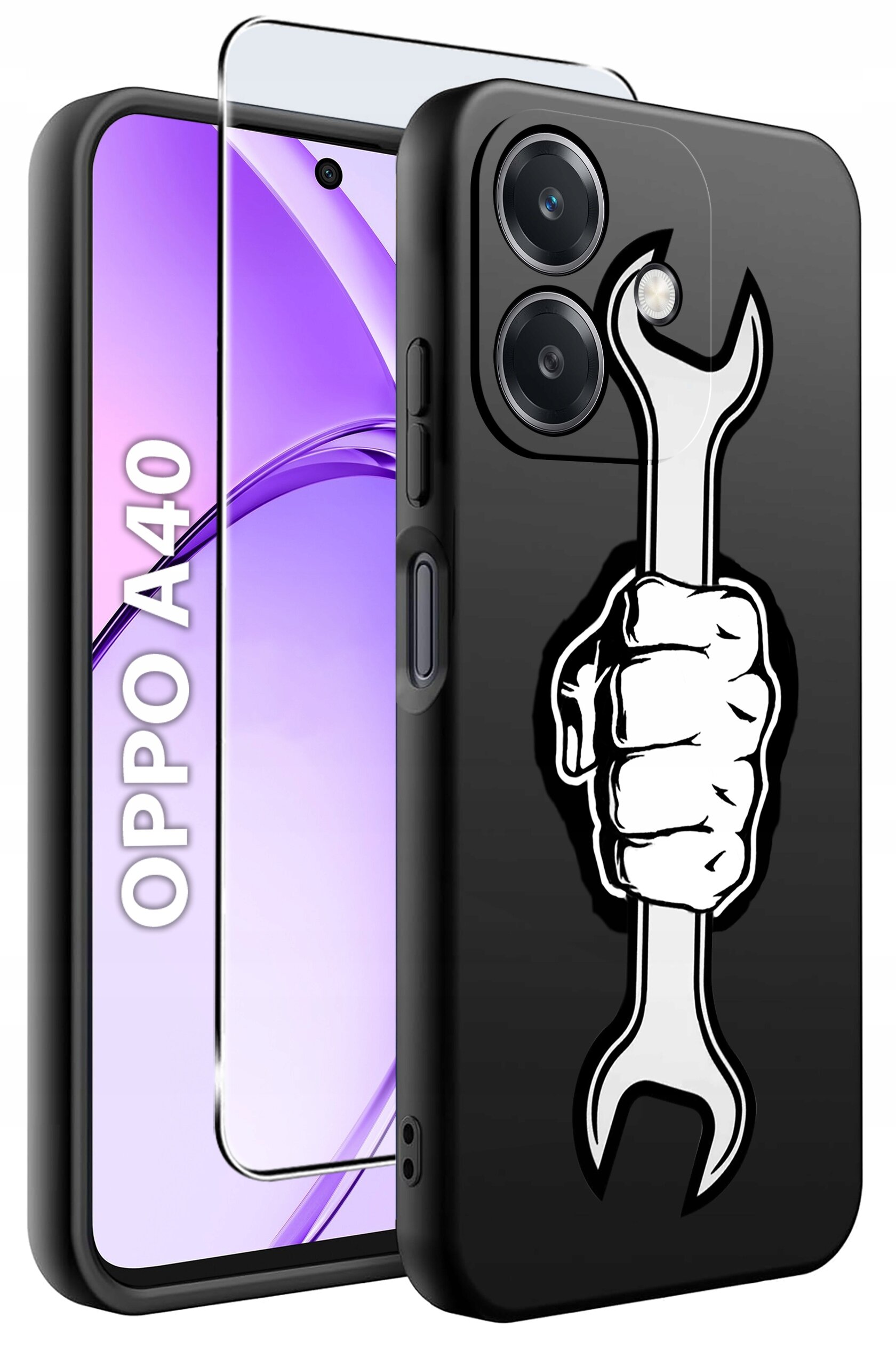 Obraz przedstawia czarne etui na telefon z nadrukiem dłoni trzymającej klucz. Obok etui widoczny jest telefon z napisem \'OPPO A40\' na ekranie oraz szkło ochronne.