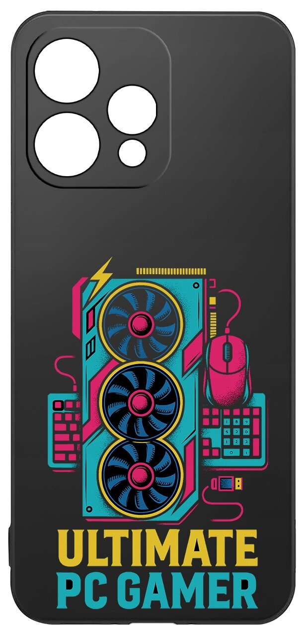 Czarne etui z kolorowym nadrukiem przedstawiającym elementy komputerowe, takie jak wentylatory, myszka i klawiatura, oraz napisem \'ULTIMATE PC GAMER\'.