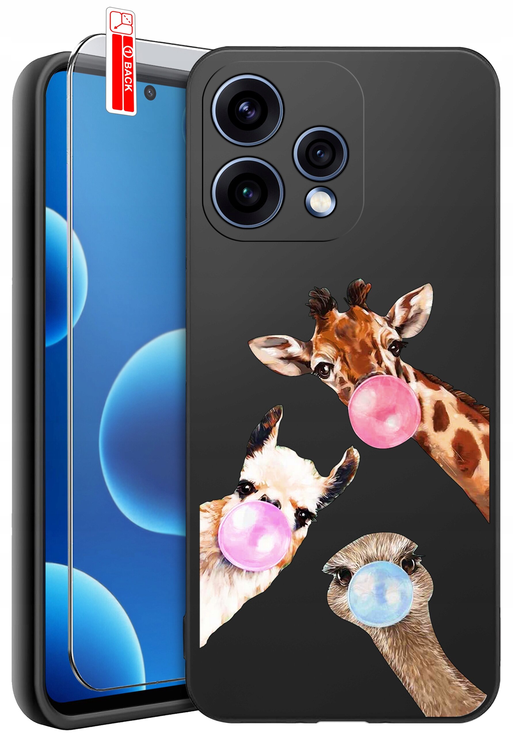 Etui na telefon z trzema zwierzętami dmuchającymi różowe i niebieskie balony z gumy do żucia. Obok znajduje się szkło ochronne z napisem \'BACK\'.