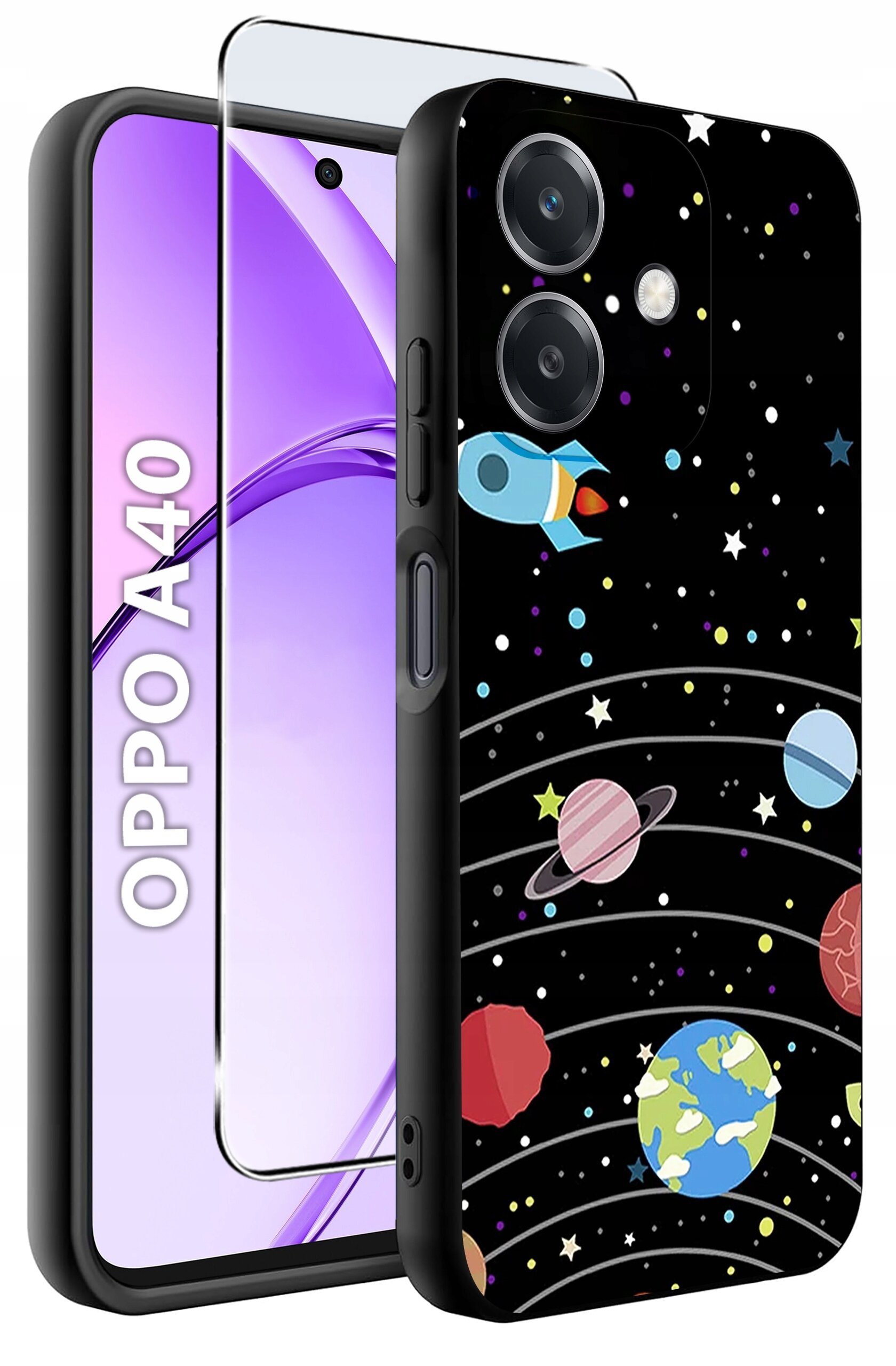 Obraz przedstawia etui na telefon z motywem kosmosu, z planetami i rakietą na czarnym tle. Obok widoczny jest telefon z napisem \'OPPO A40\' na ekranie oraz szkło ochronne.