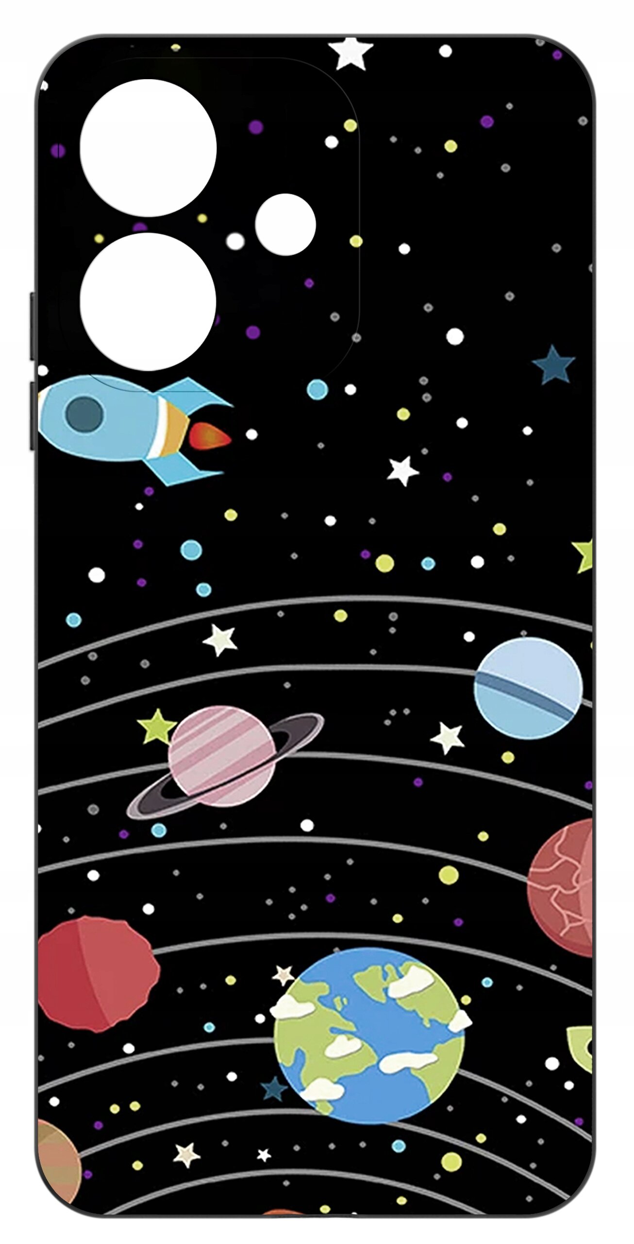 Etui na telefon z motywem kosmosu, przedstawiające planety, gwiazdy i rakietę na czarnym tle.