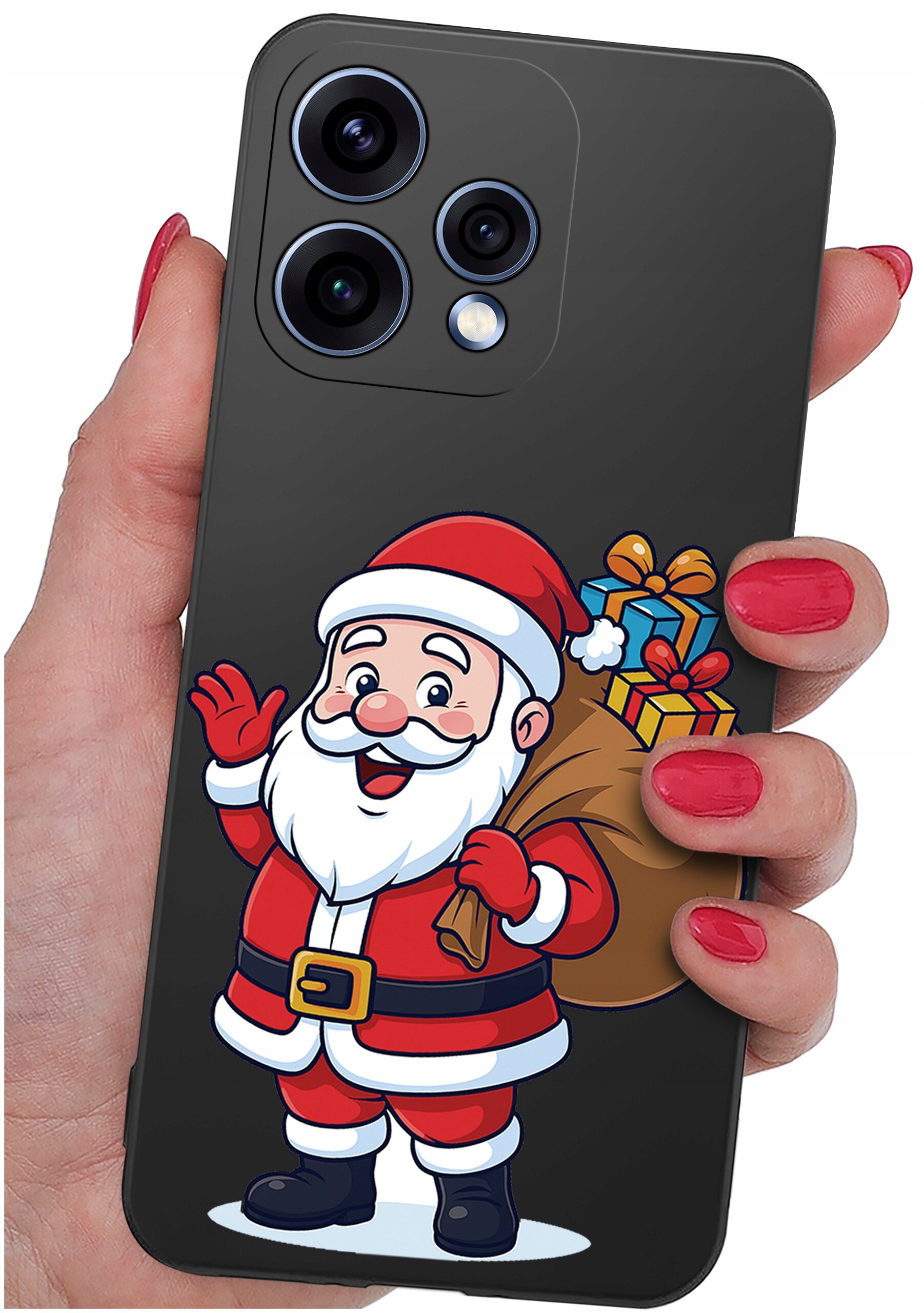 Etui na telefon z grafiką przedstawiającą postać Świętego Mikołaja z workiem prezentów. Etui trzymane jest w dłoni z pomalowanymi na czerwono paznokciami.