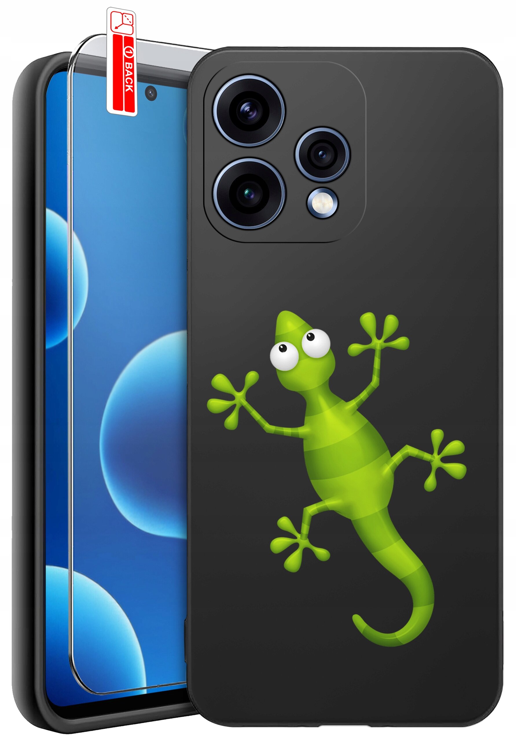 Czarne etui na telefon z zielonym rysunkiem jaszczurki oraz szkło ochronne z napisem \'BACK\'.