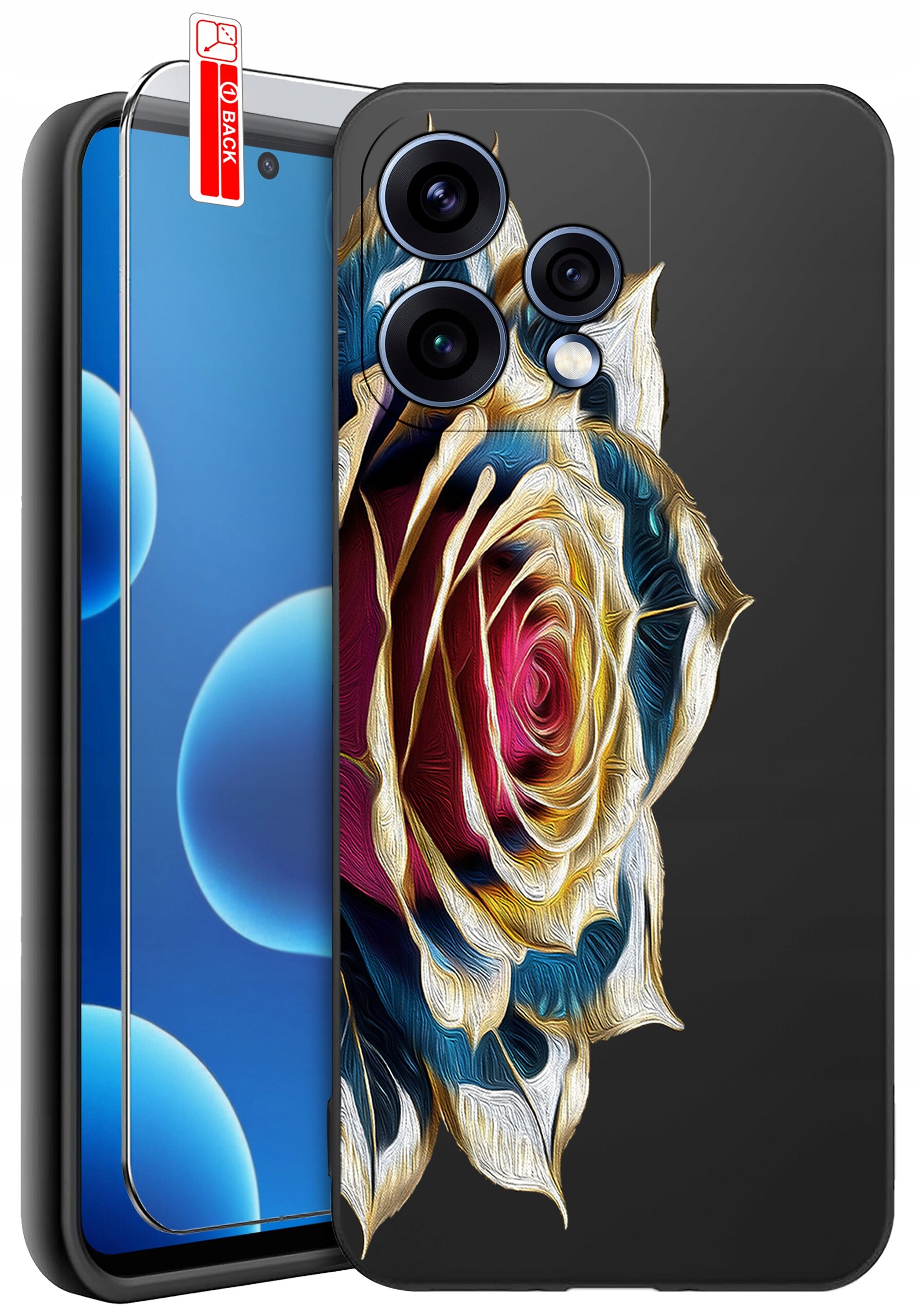 Obraz przedstawia etui na telefon z wzorem kolorowej róży oraz szkło ochronne z napisem \'BACK\'.