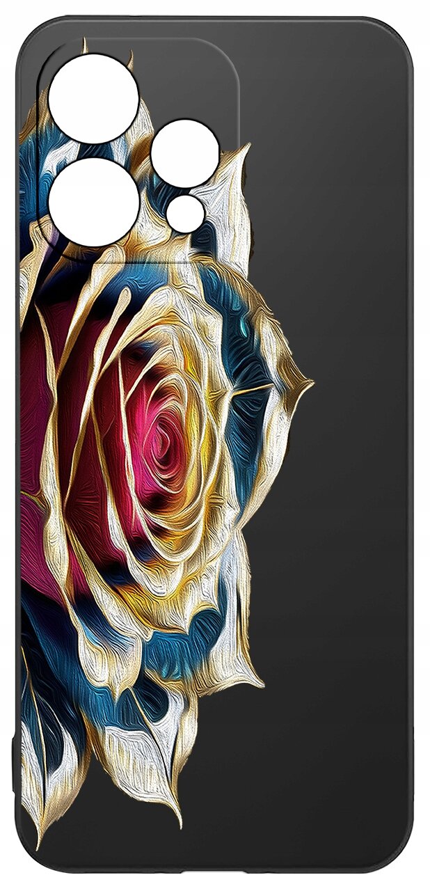 Etui na telefon z kolorowym wzorem róży na czarnym tle, z wycięciami na aparat.